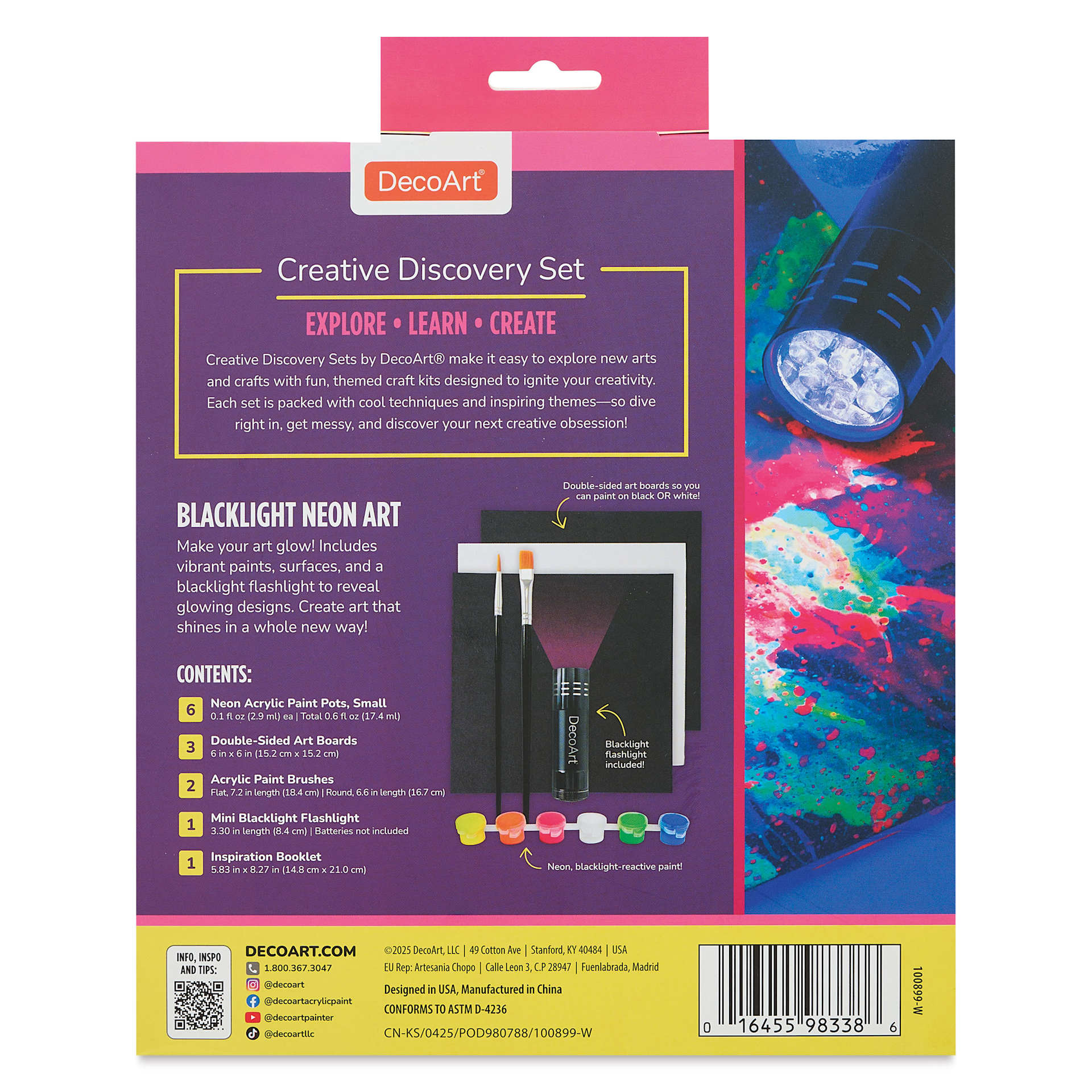 Back of the package for DecoArt Blacklight Neon Art Creative Discovery Set.