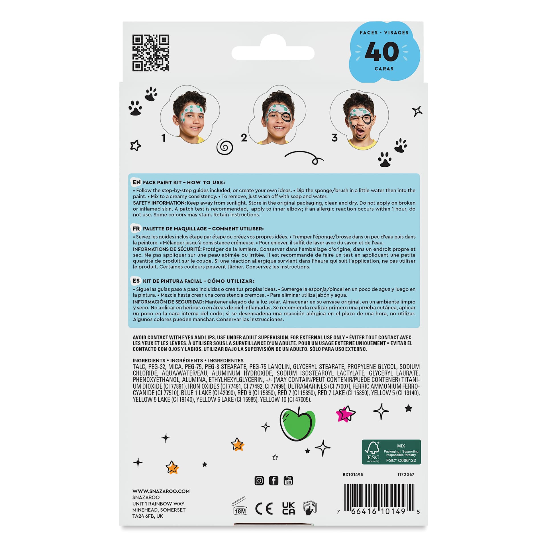 Snazaroo Face Paints - Adventure Face Paint Kit, Set of 11, back of packaging