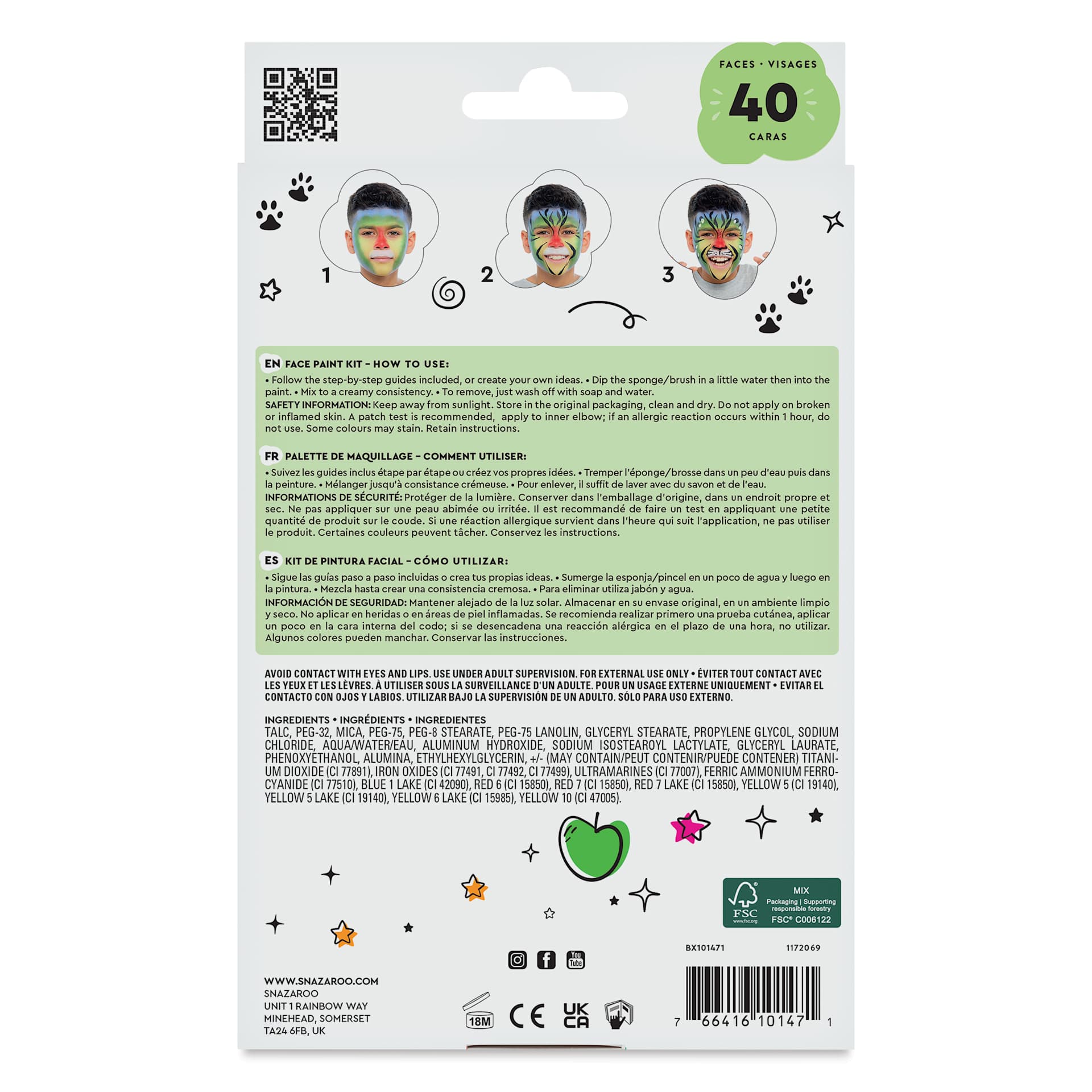 Snazaroo Face Paints - Rainbow Face Paint Kit, Set of 12, back of packaging