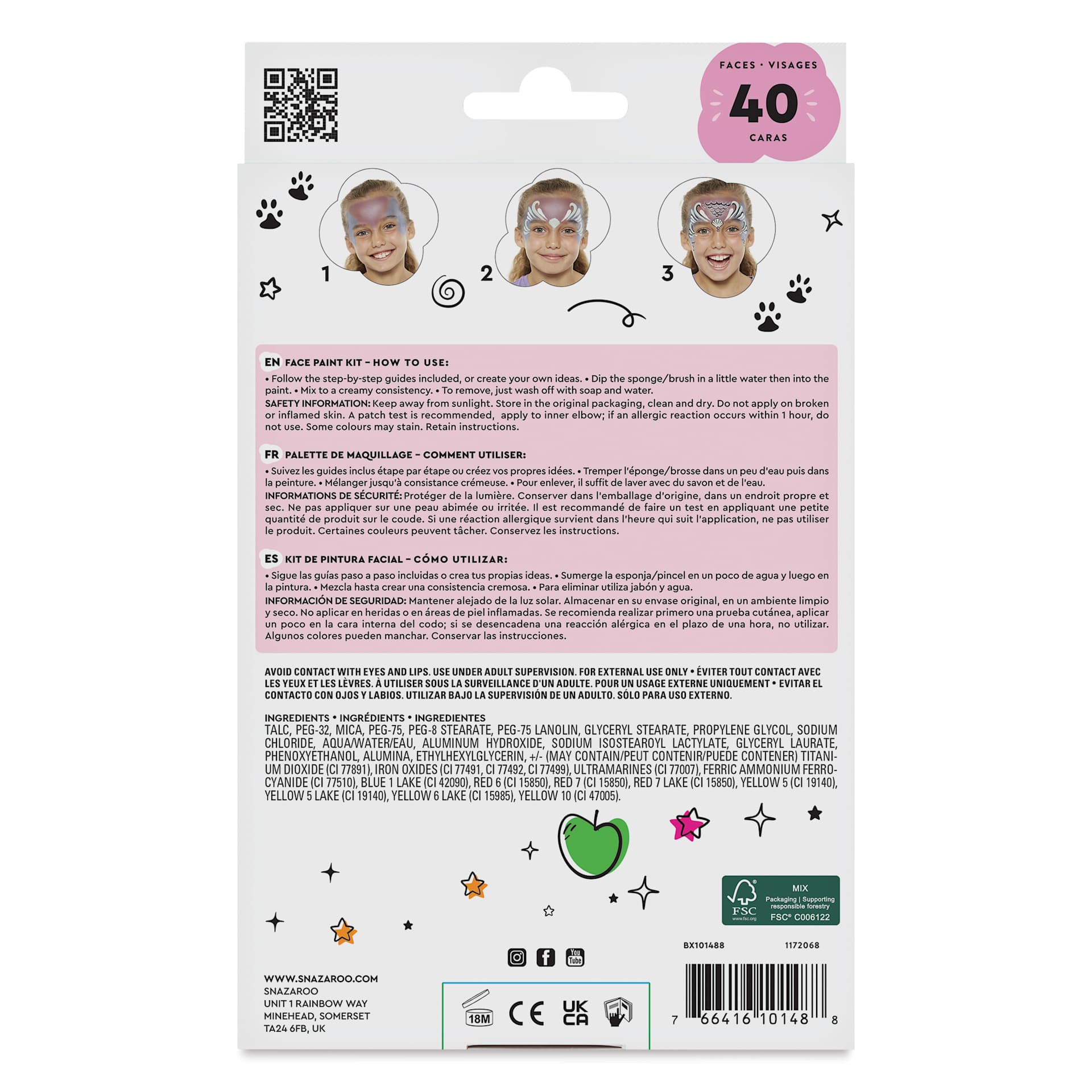 Snazaroo Face Paints - Fantasy Face Paint Kit, Set of 11, back of packaging