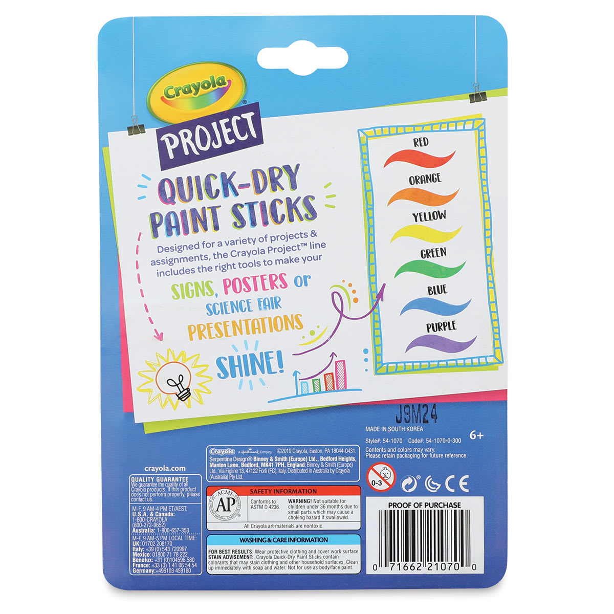 Crayola Quick Dry Paint Sticks - Set of 6, back of packaging Crayola Quick Dry Paint Sticks - Set of 6, back of packaging