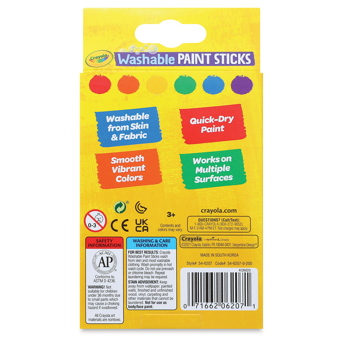 Crayola Washable Paint Sticks - Set of 6, Assorted Colors back of package