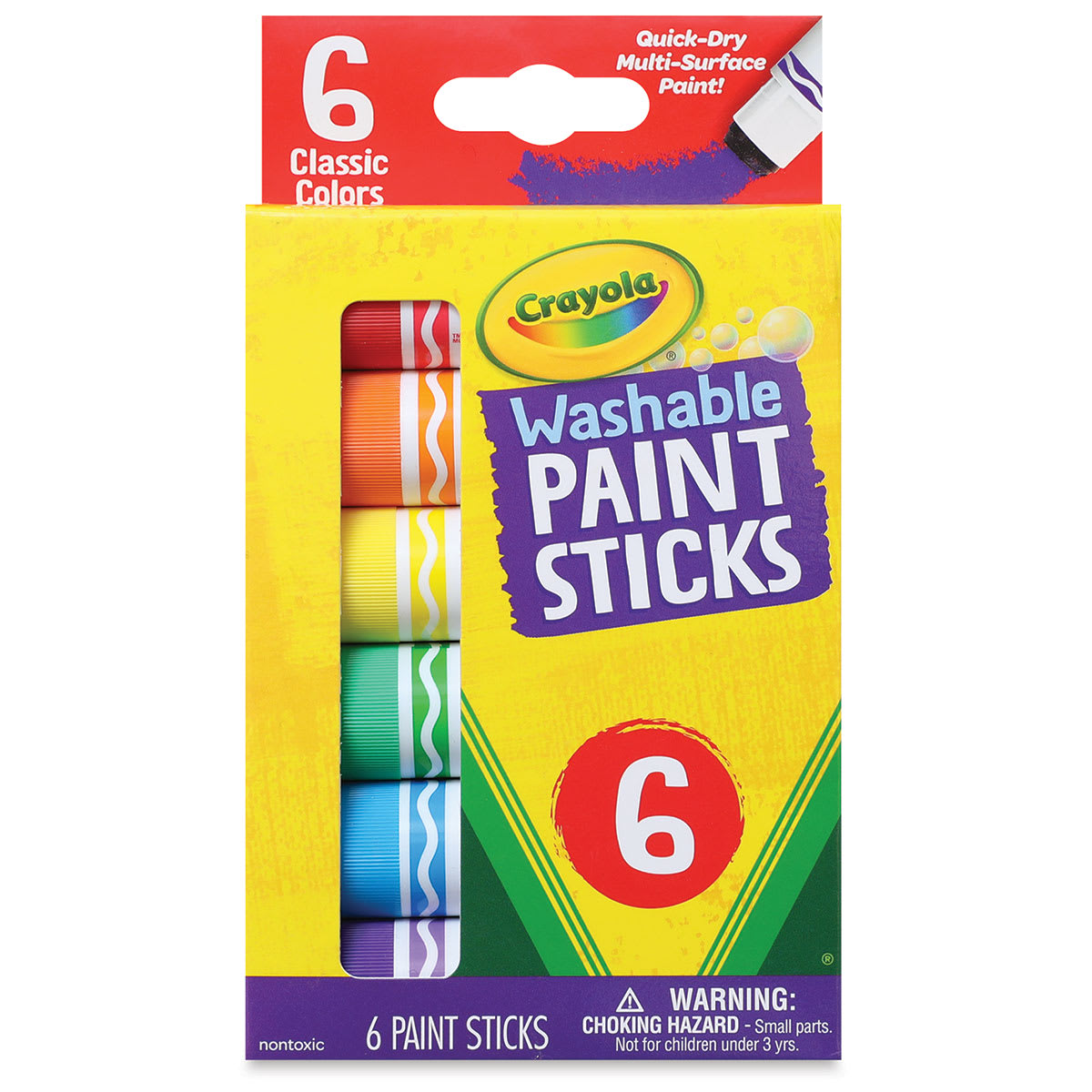 Crayola Washable Paint Sticks - Set of 6, Assorted Colors front of package Crayola Washable Paint Sticks - Set of 6, Assorted Colors front of package