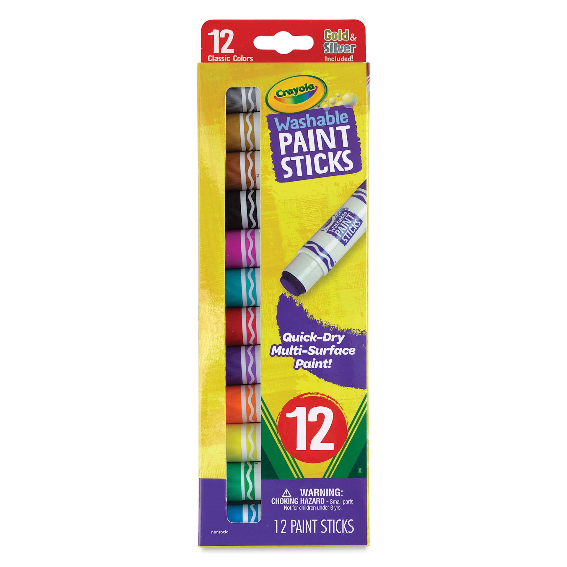 Crayola Washable Paint Sticks - Set of 12, Assorted Colors front of package Crayola Washable Paint Sticks - Set of 12, Assorted Colors front of package