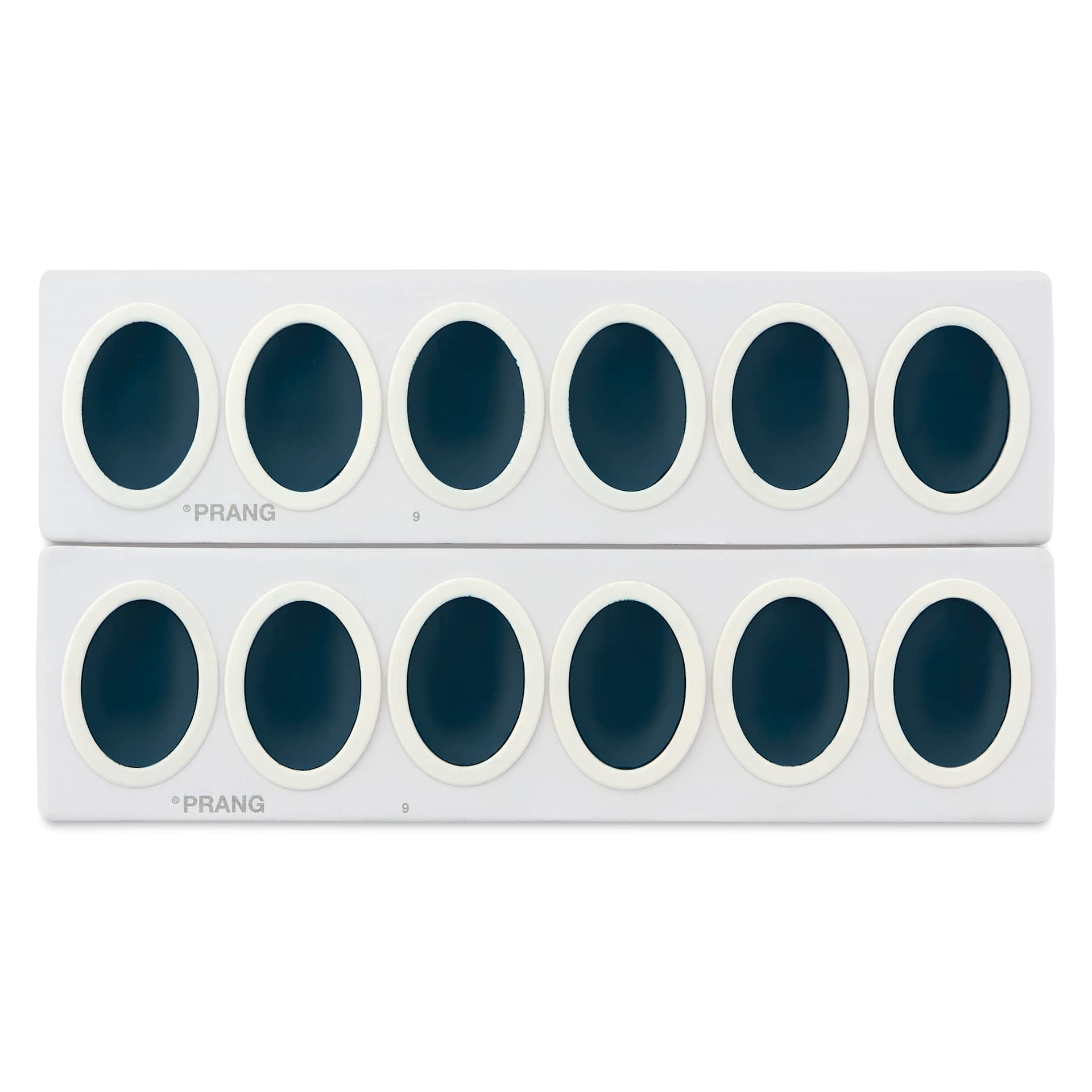 Prang Oval Watercolor Half-Pan Refills arrive packaged in two rows, ready to be separated.