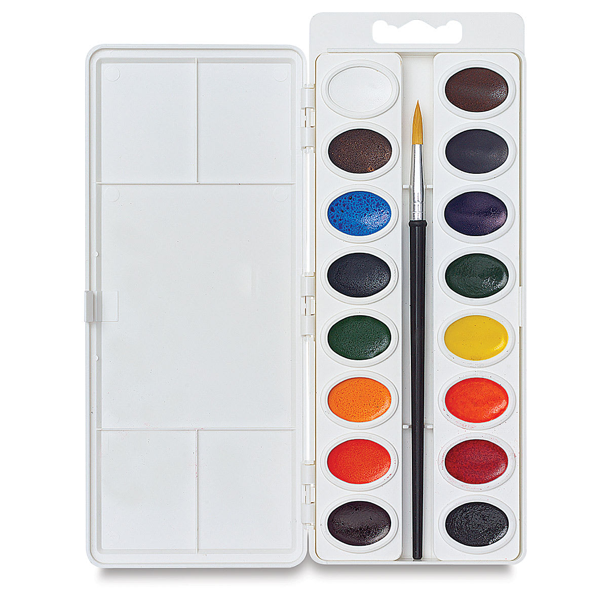 Crayola Educational Watercolor Pans - Set of 16, pack open showing Assorted Colors and paint brush