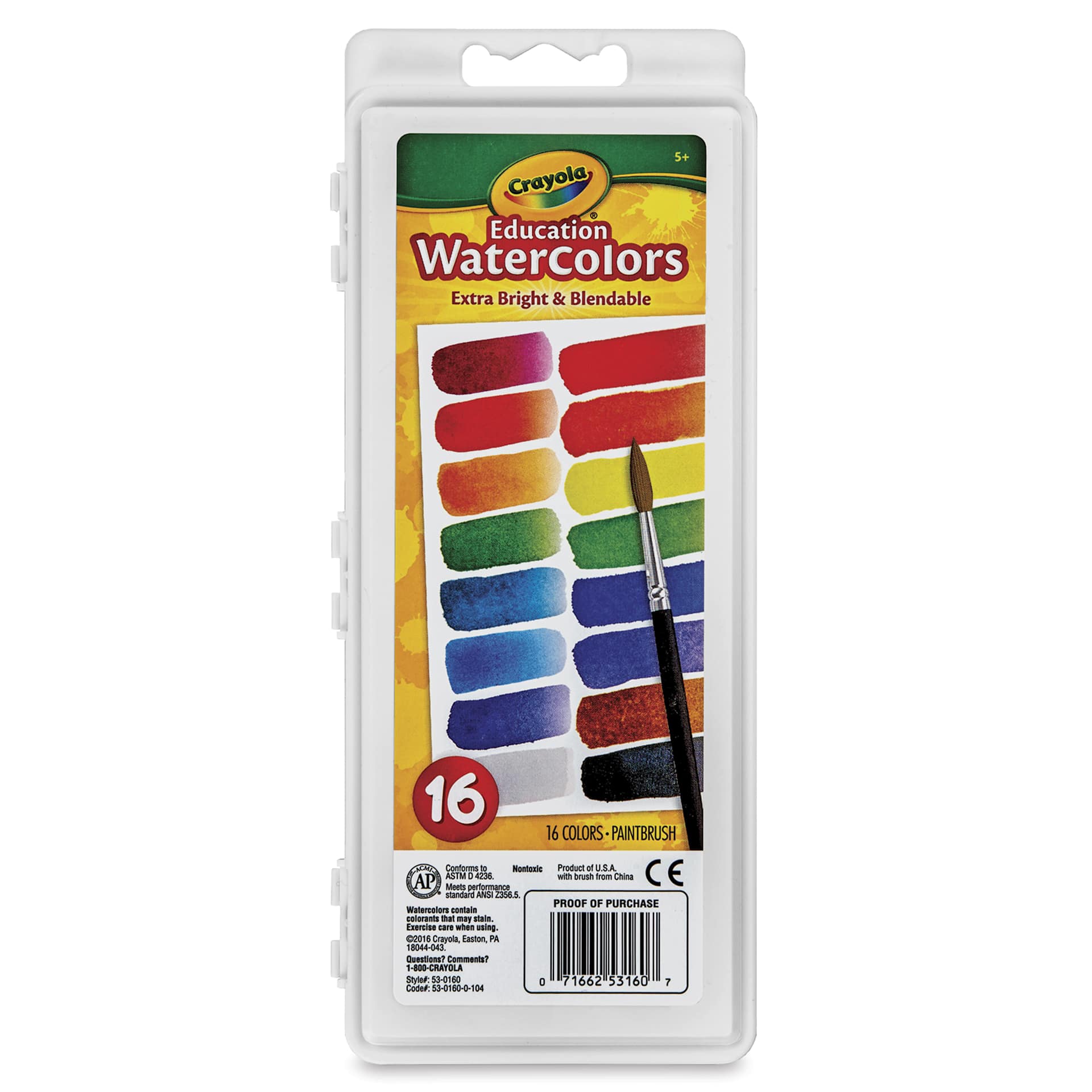 Crayola Educational Watercolor Pans - Oval, Set of 16 Assorted Colors, Pan, front of packaging