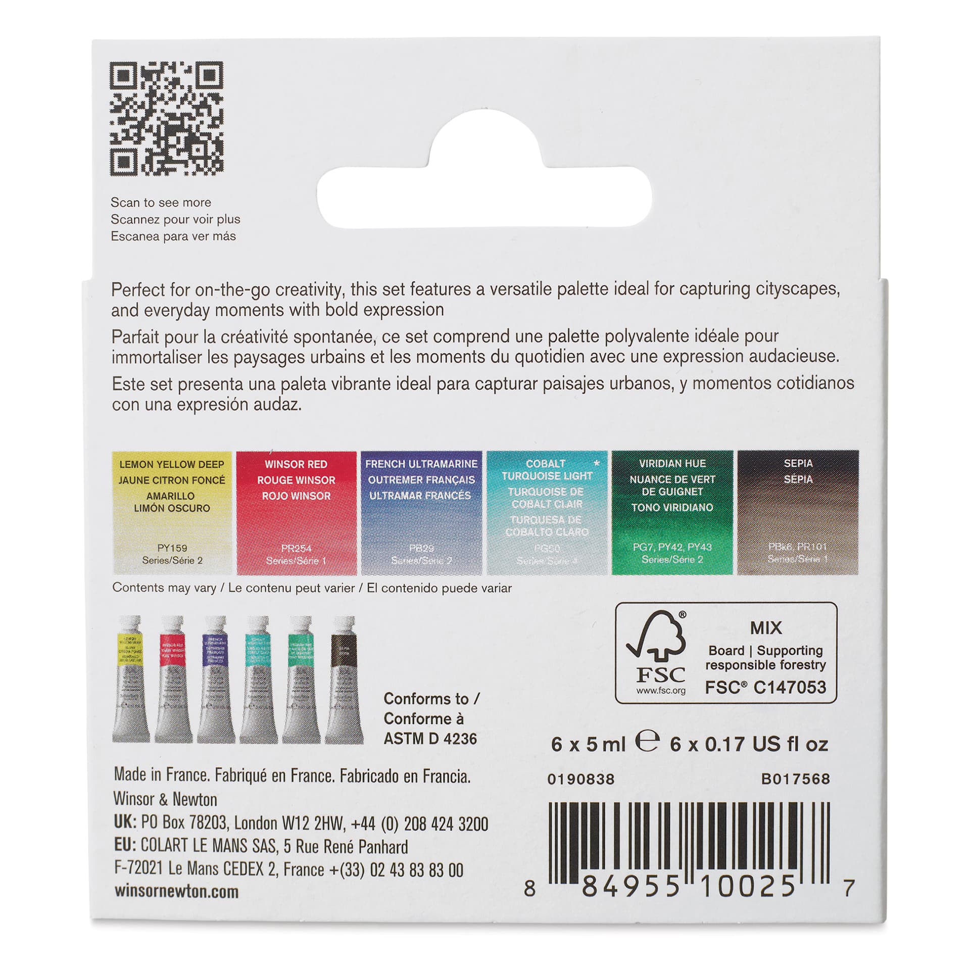 Back of packaging for Winsor & Newton Professional Watercolor -  Set of 6, Urban Sketching Colors, 5 ml