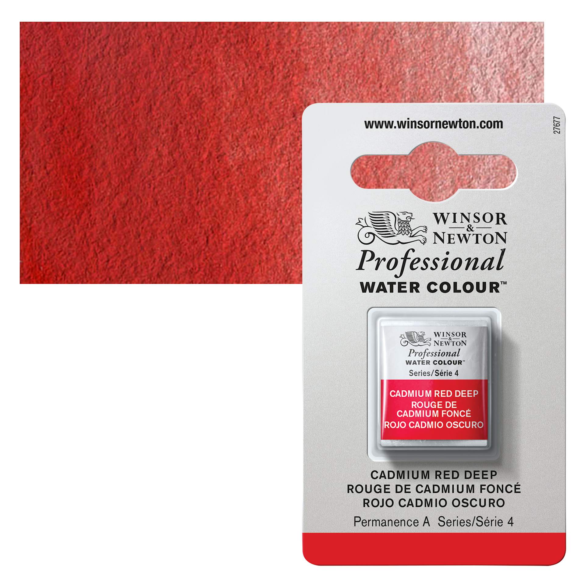 Winsor & Newton Professional Watercolor - Cadmium Red Deep, Half Pan and swatch