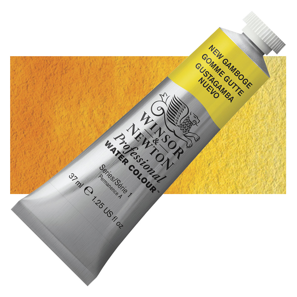 Winsor & Newton Professional Watercolor - New Gamboge, 37 ml tube and swatch