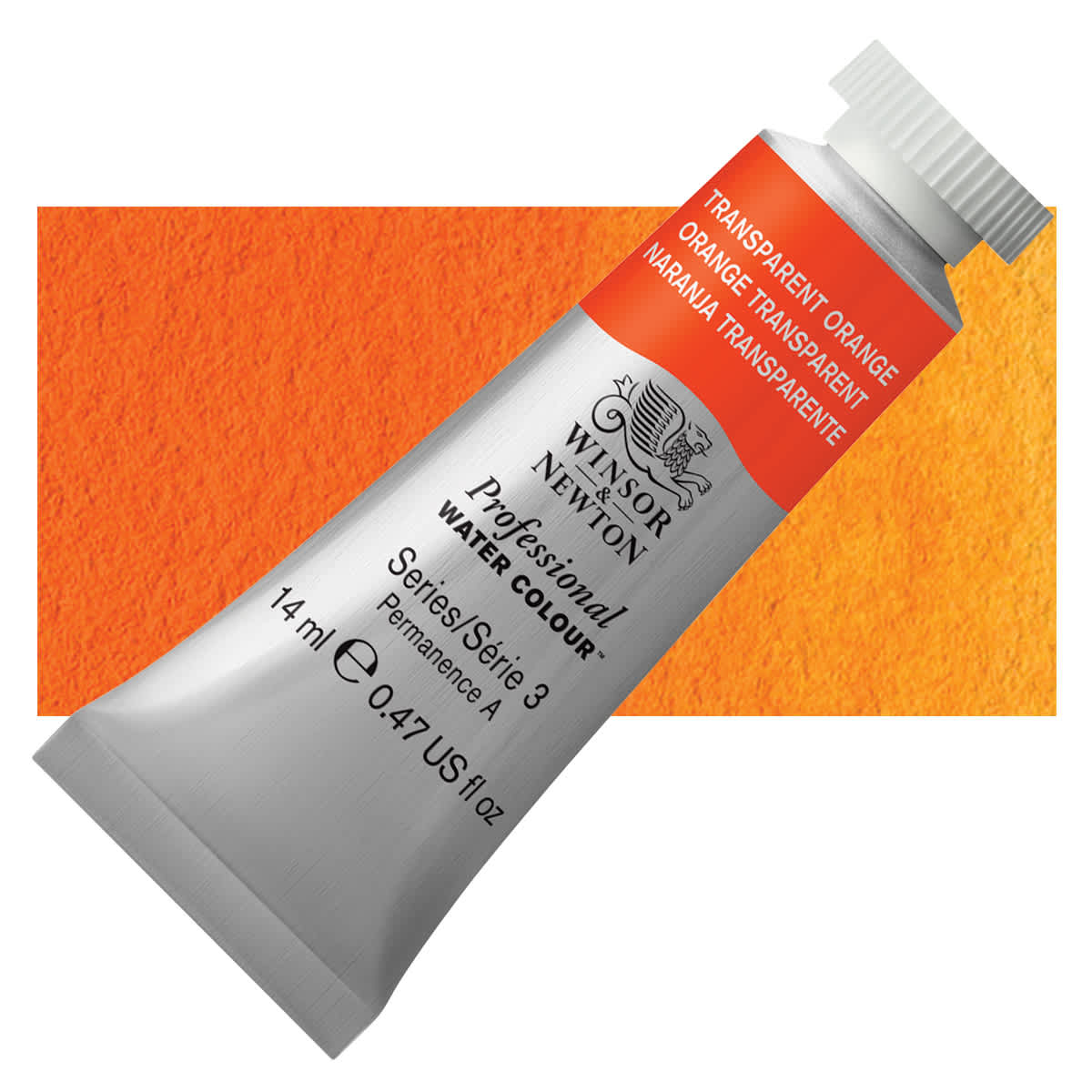 Winsor & Newton Professional Watercolor - Transparent Orange, 14 ml, Tube and swatch