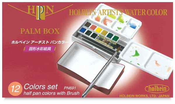 Holbein Artists' Watercolor Half Pans - Set of 12, Assorted Colors front of package Holbein Artists' Watercolor Half Pans - Set of 12, Assorted Colors front of package