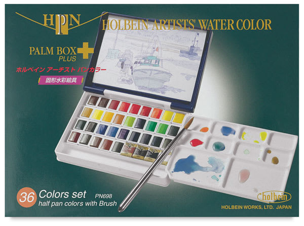 Holbein Artists' Watercolor Half Pans - Set of 36, Assorted Colors front of package Holbein Artists' Watercolor Half Pans - Set of 36, Assorted Colors front of package