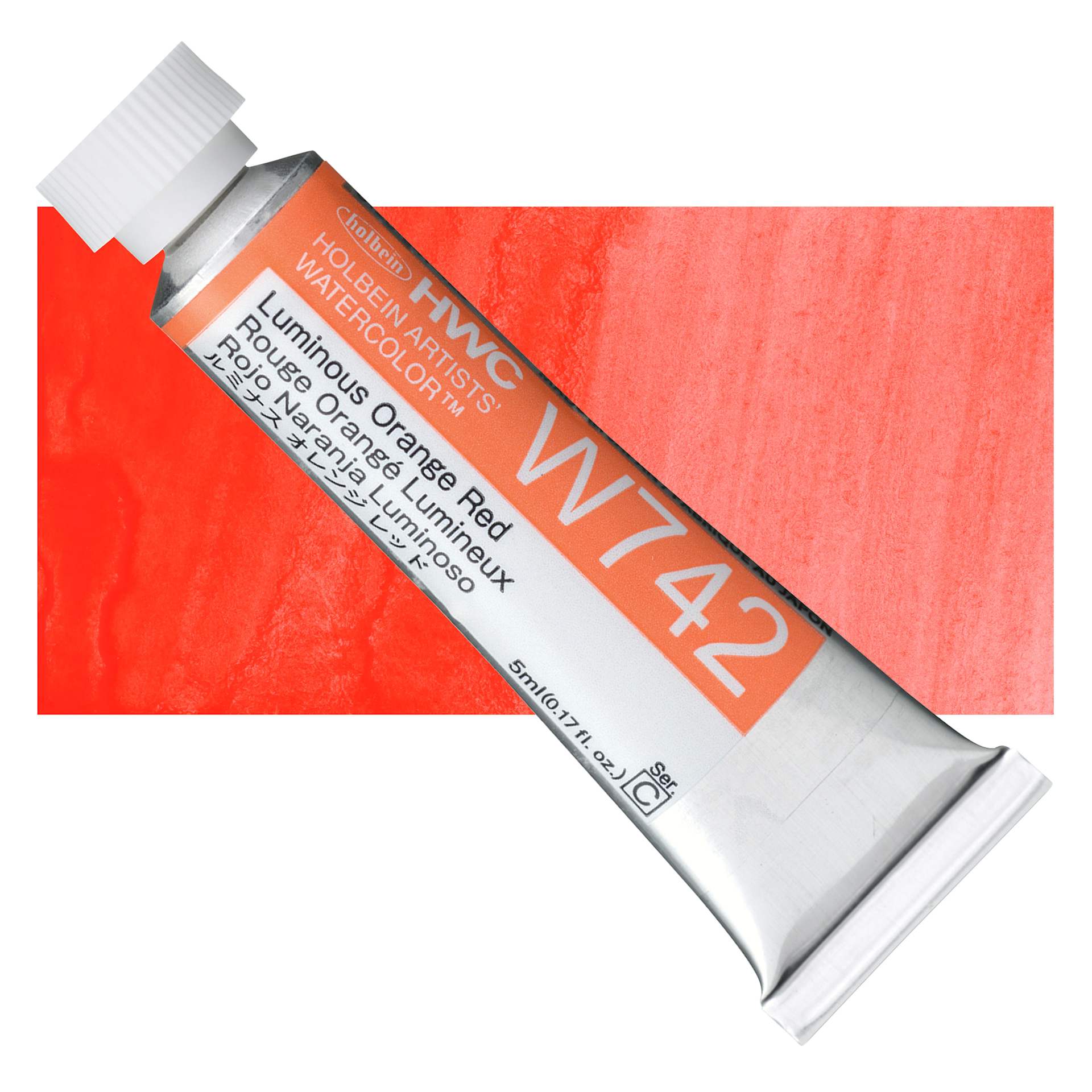 Holbein Artists' Watercolor - Luminous Orange Red, 5 ml Tube and swatch