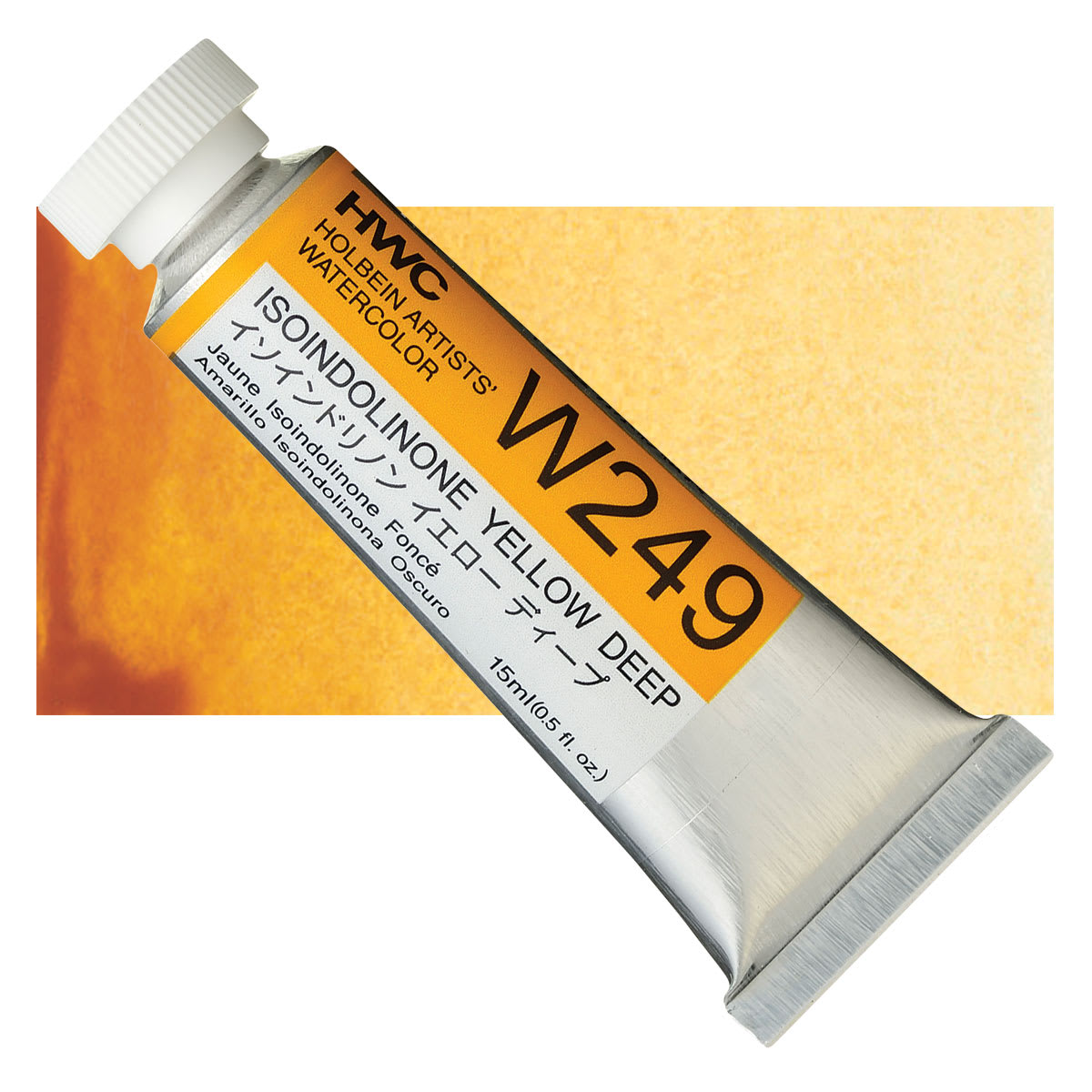 Holbein Artists' Watercolor - Isoindolinone Yellow Deep, 15 ml tube and swatch Holbein Artists' Watercolor - Isoindolinone Yellow Deep, 15 ml tube and swatch