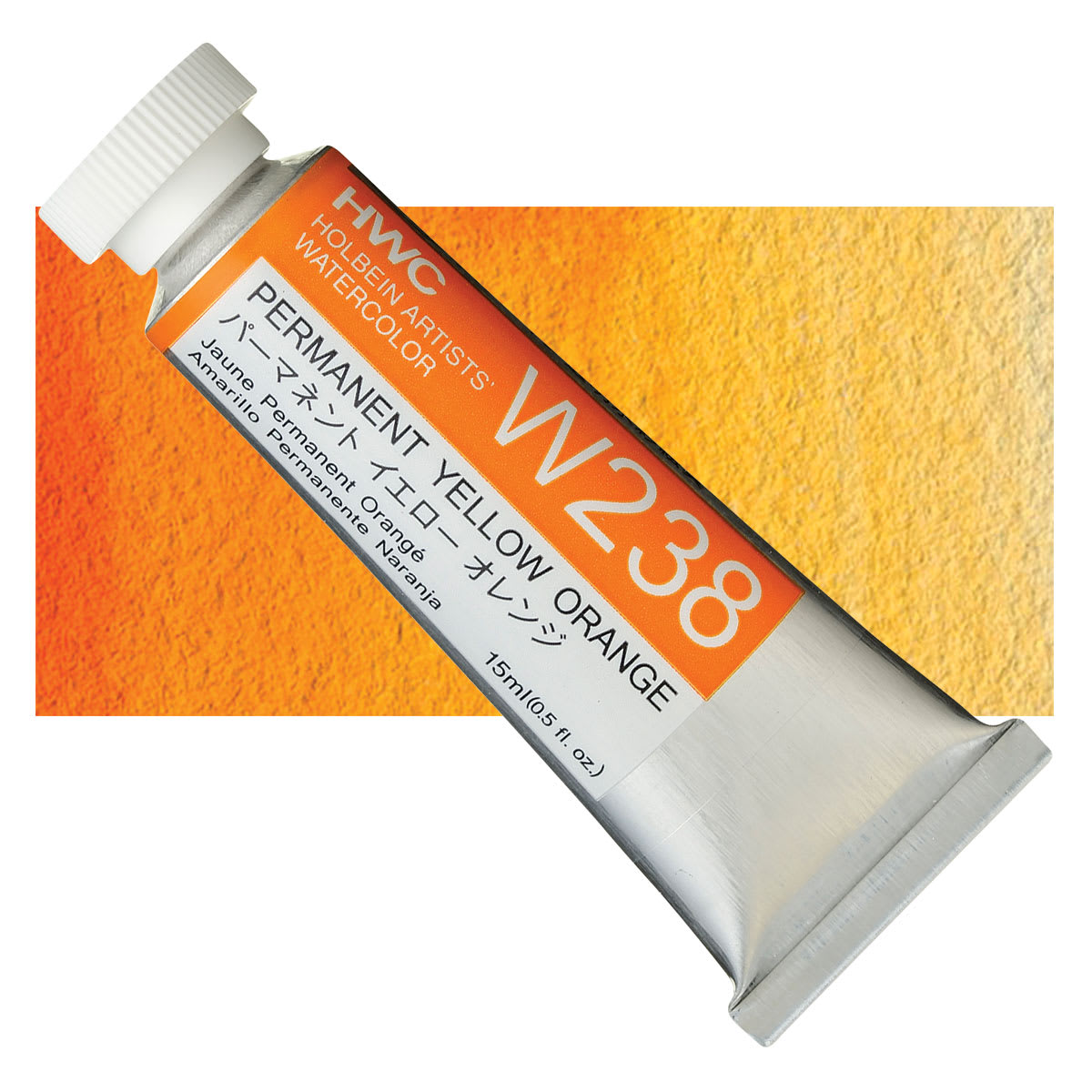 Holbein Artists' Watercolor - Permanent Yellow Orange, 15 ml tube and swatch