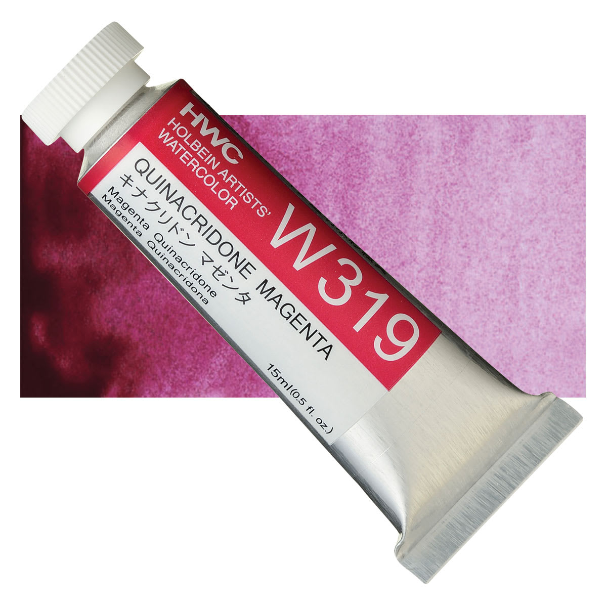 Holbein Artists' Watercolor - Quinacridone Magenta, 15 ml tube and swatch Holbein Artists' Watercolor - Quinacridone Magenta, 15 ml tube and swatch