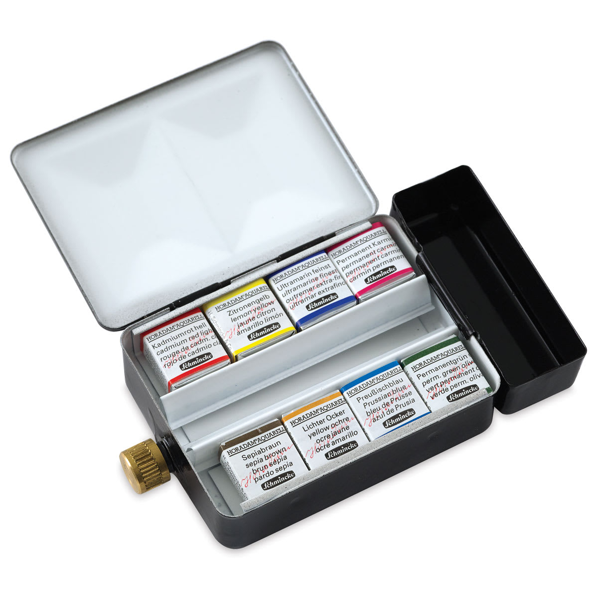 Half Pan Set of 8 in Metal Travel Box Left Front Angle Inside Open Package
Half Pan Set of 8 in Metal Travel Box Left Front Angle Inside Open Package