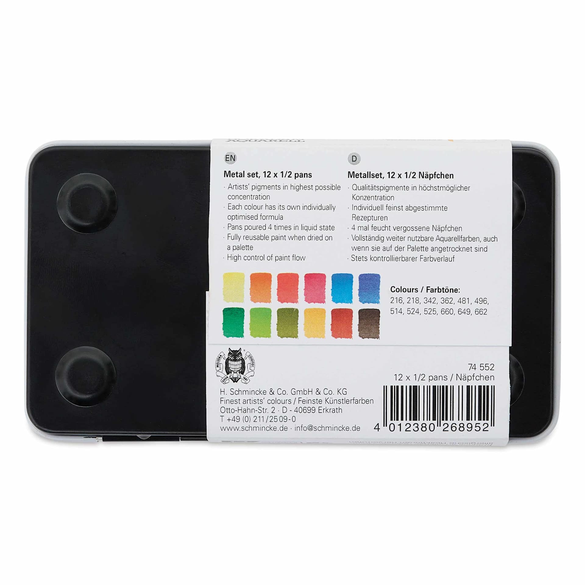 Back of packaging for the Schmincke Horadam Aquarell Watercolors Blick Exclusive! Set of 12, Summer and Autumn, Half Pans