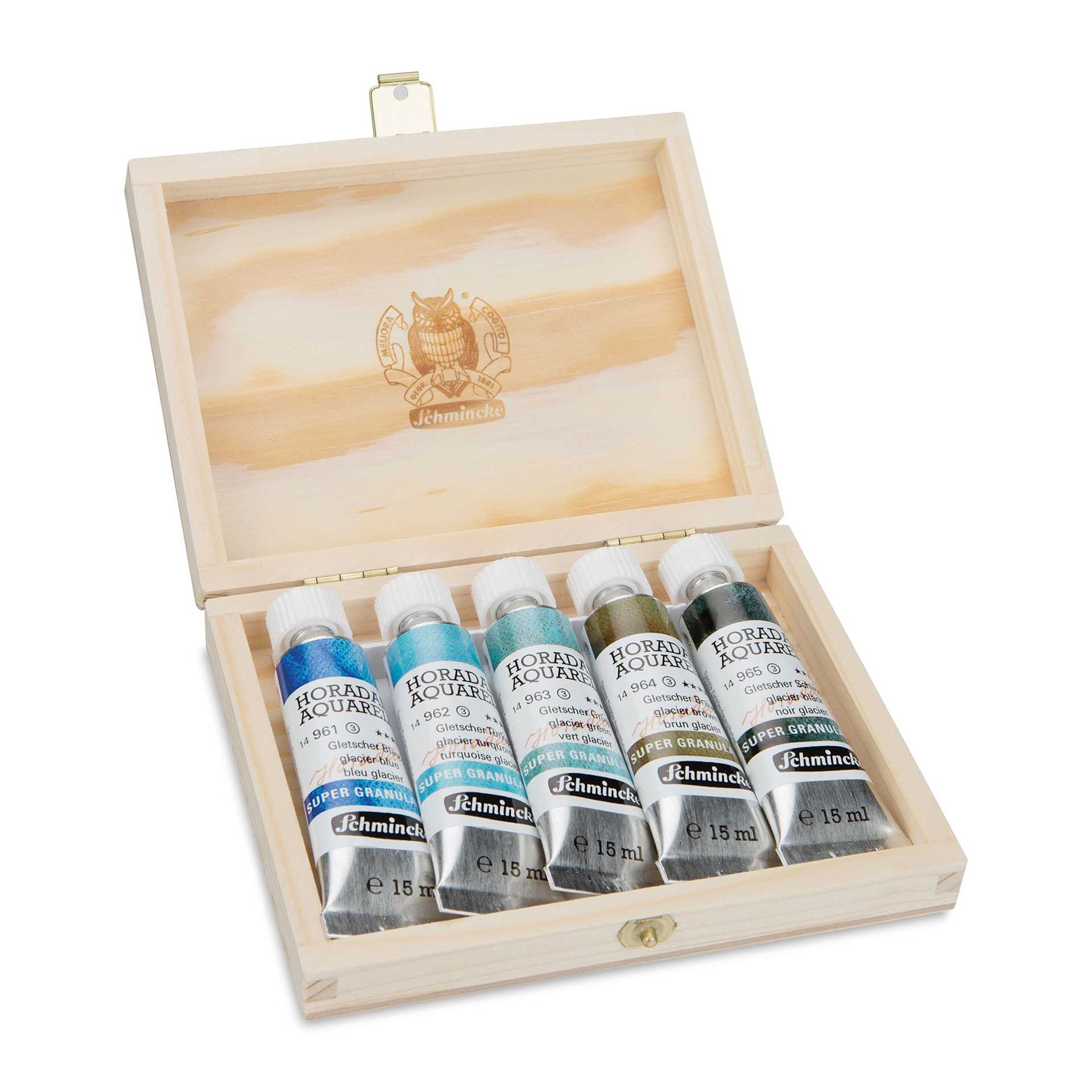 Schmincke Horadam Aquarell Artist Watercolor - Glacier, Supergranulation, Wood Box, Set of 5, 15 ml, Tubes (Tubes in case, Lid open)