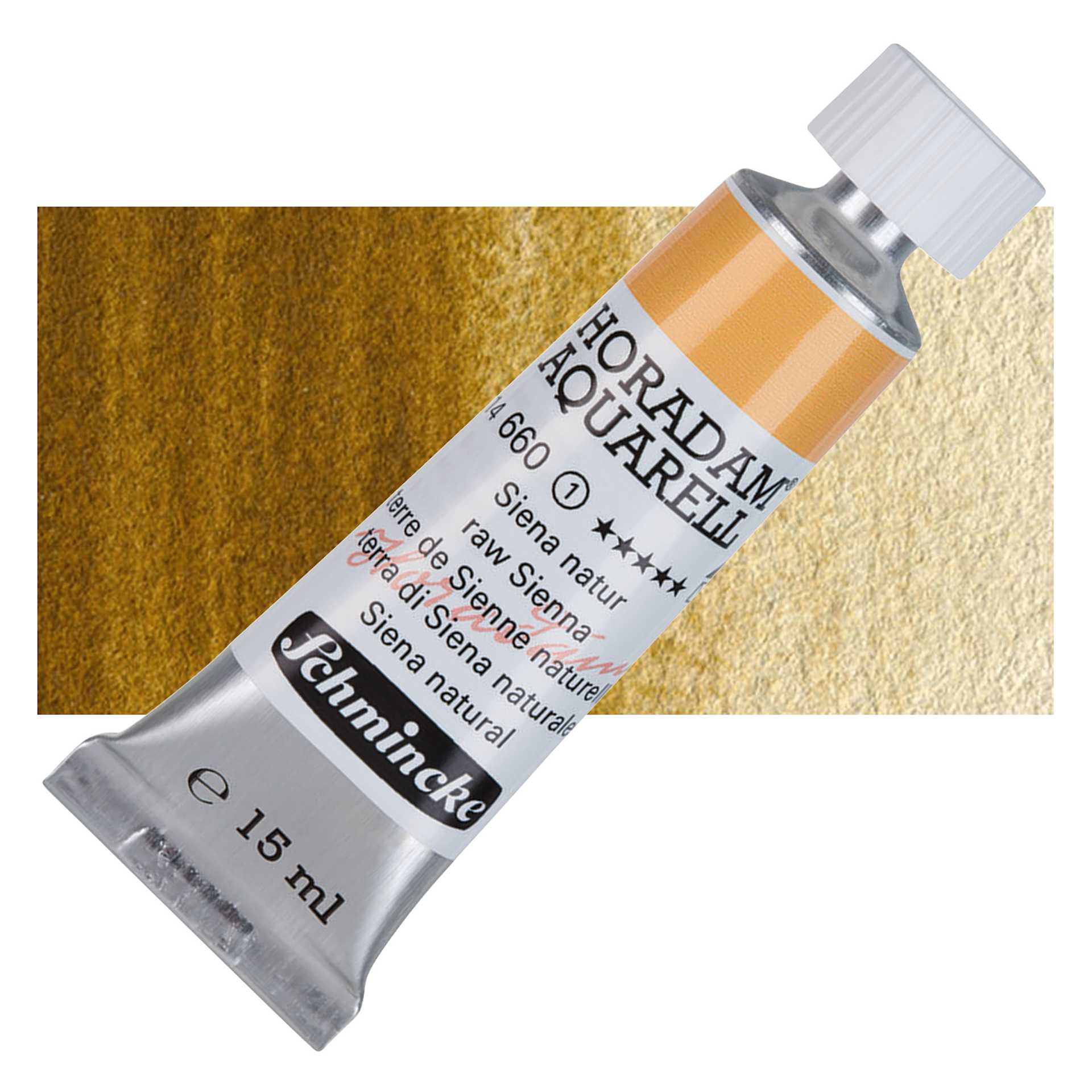 Schmincke Horadam Aquarell Watercolor - Raw Sienna, 15 ml tube and swatch