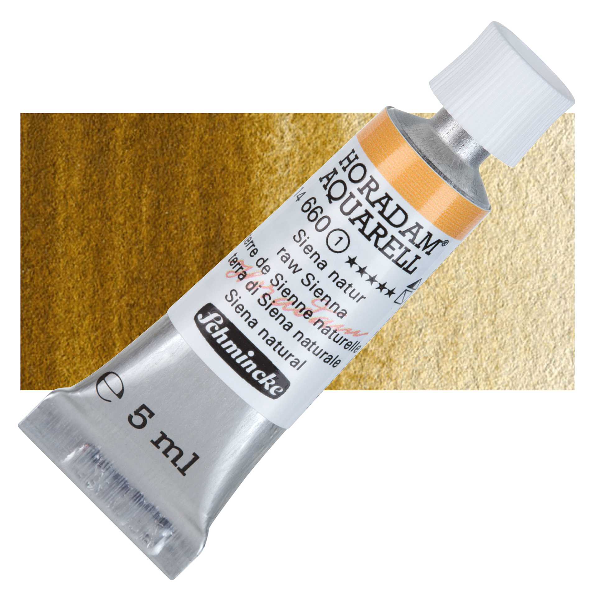 Schmincke Horadam Aquarell Watercolor - Raw Sienna, 5 ml tube and swatch