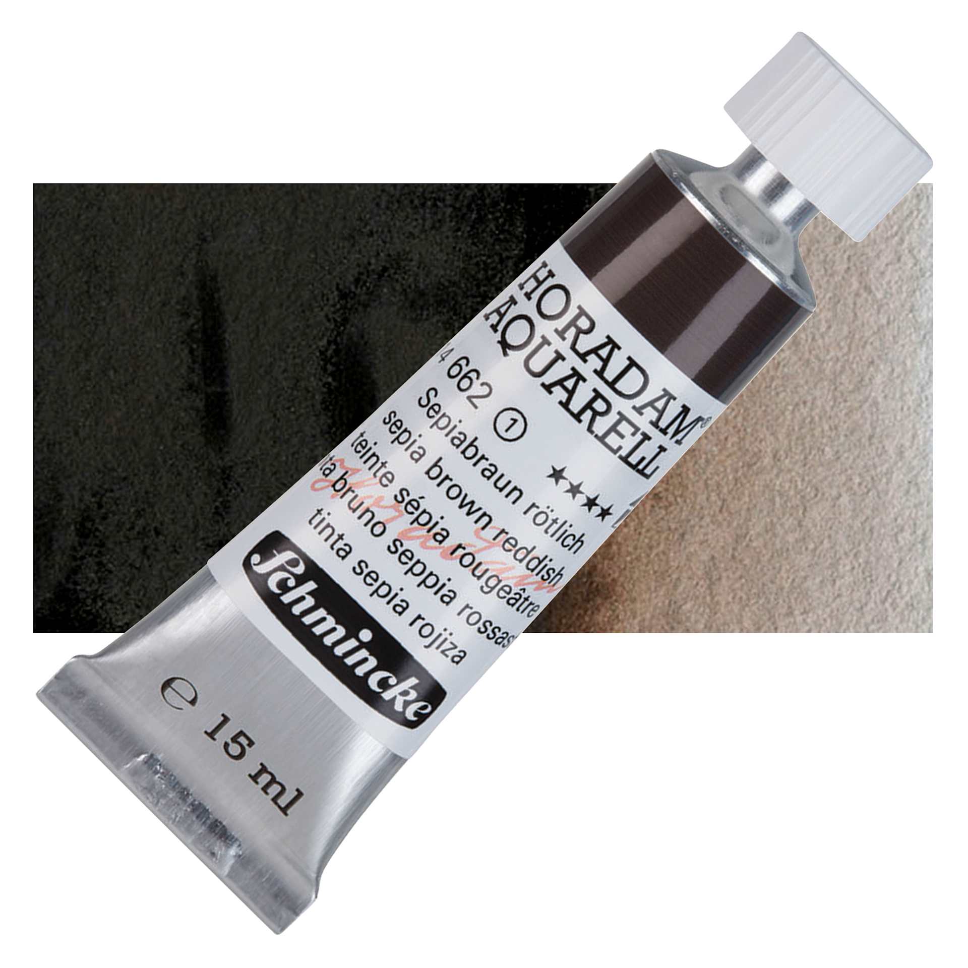 Schmincke Horadam Aquarell Watercolor - Sepia Brown Reddish, 15 ml tube and swatch