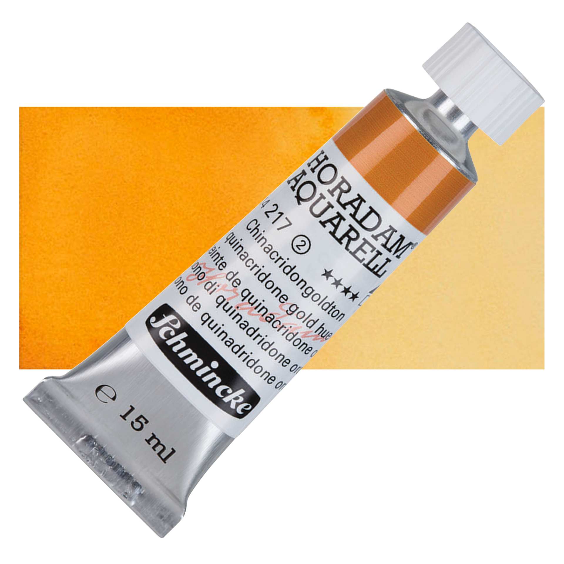Schmincke Horadam Aquarell Artist Watercolor - Quinacridone Gold Hue, 15 ml tube and swatch
