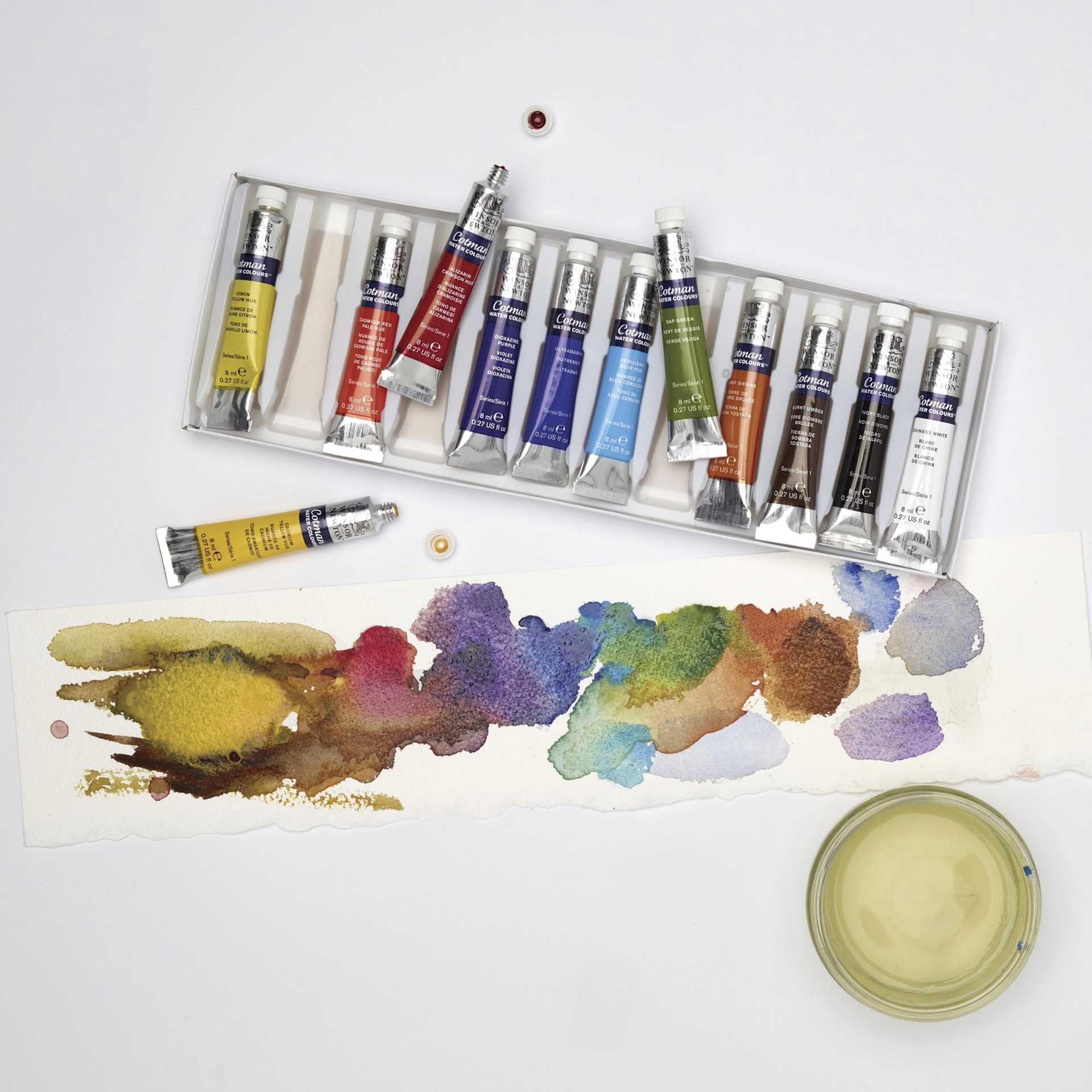 Winsor & Newton Cotman Watercolors - Set of 12, Assorted Colors, 8 ml Tubes, on desk
