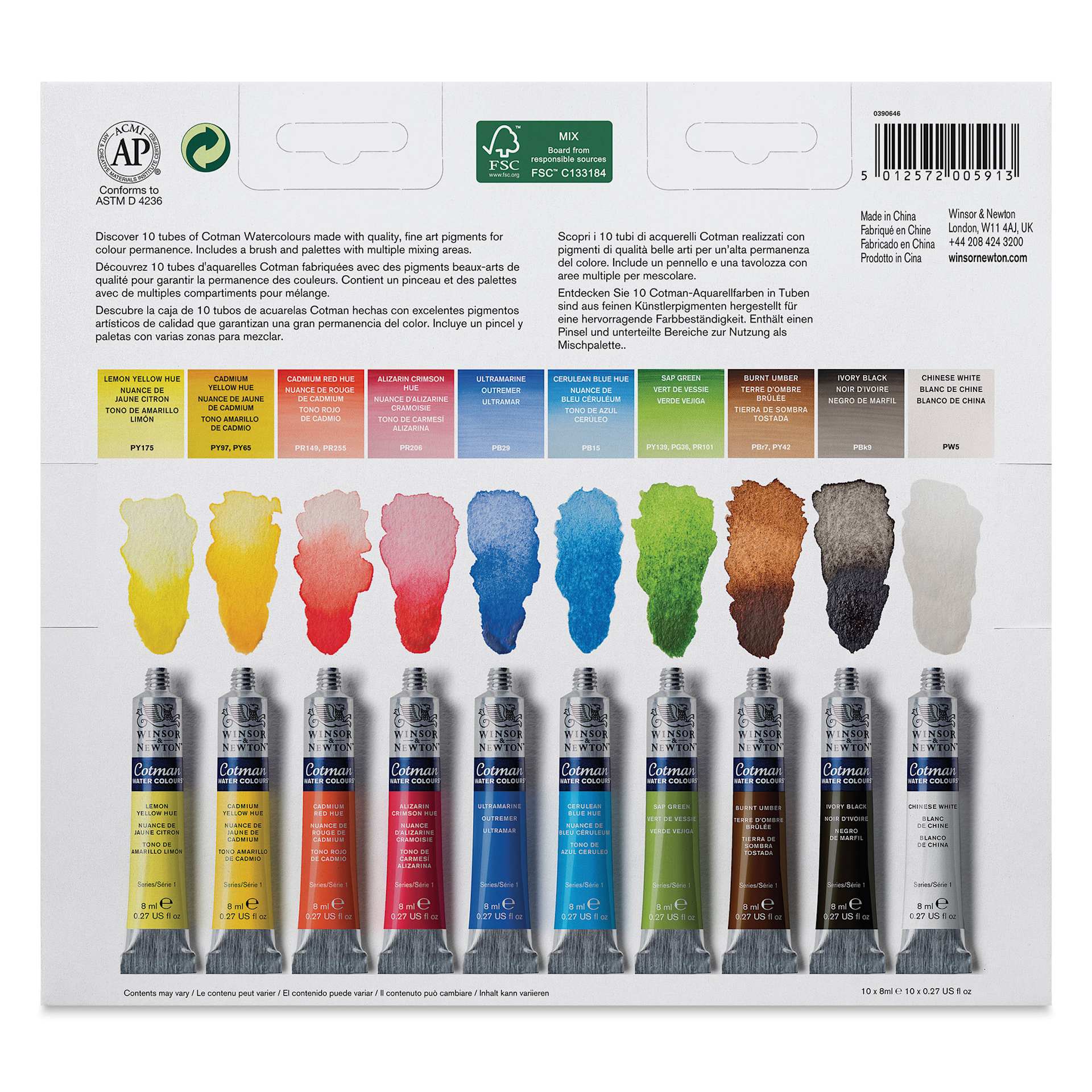 Winsor & Newton Cotman Watercolors - Assorted Colors, Tube Palette Set of 10, 8 ml tubes (Back of package)