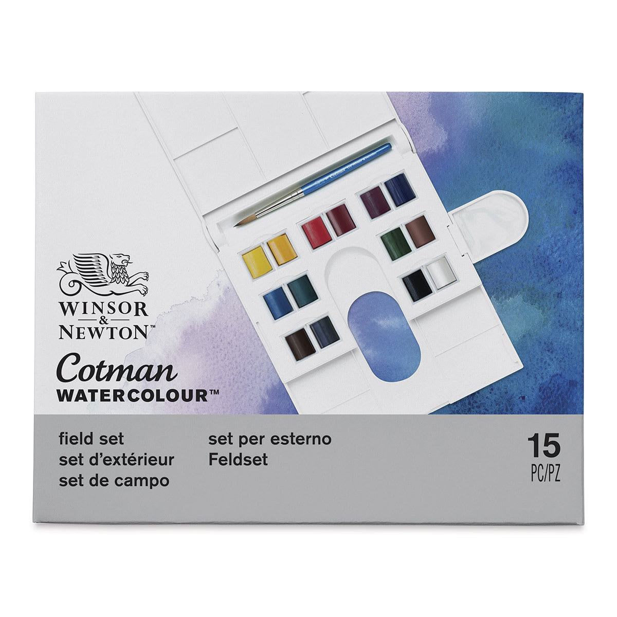 Winsor & Newton Cotman Watercolors - Compact Set, Assorted Colors, Set of 14, Half Pans (Front of packaging)