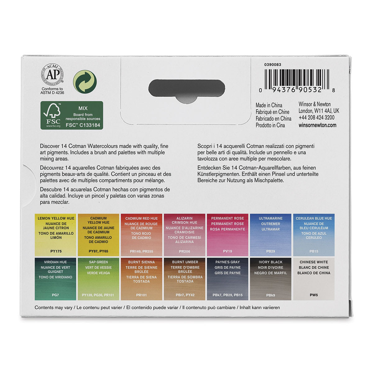 Winsor & Newton Cotman Watercolors - Compact Set, Assorted Colors, Set of 14, Half Pans (Back of packaging)