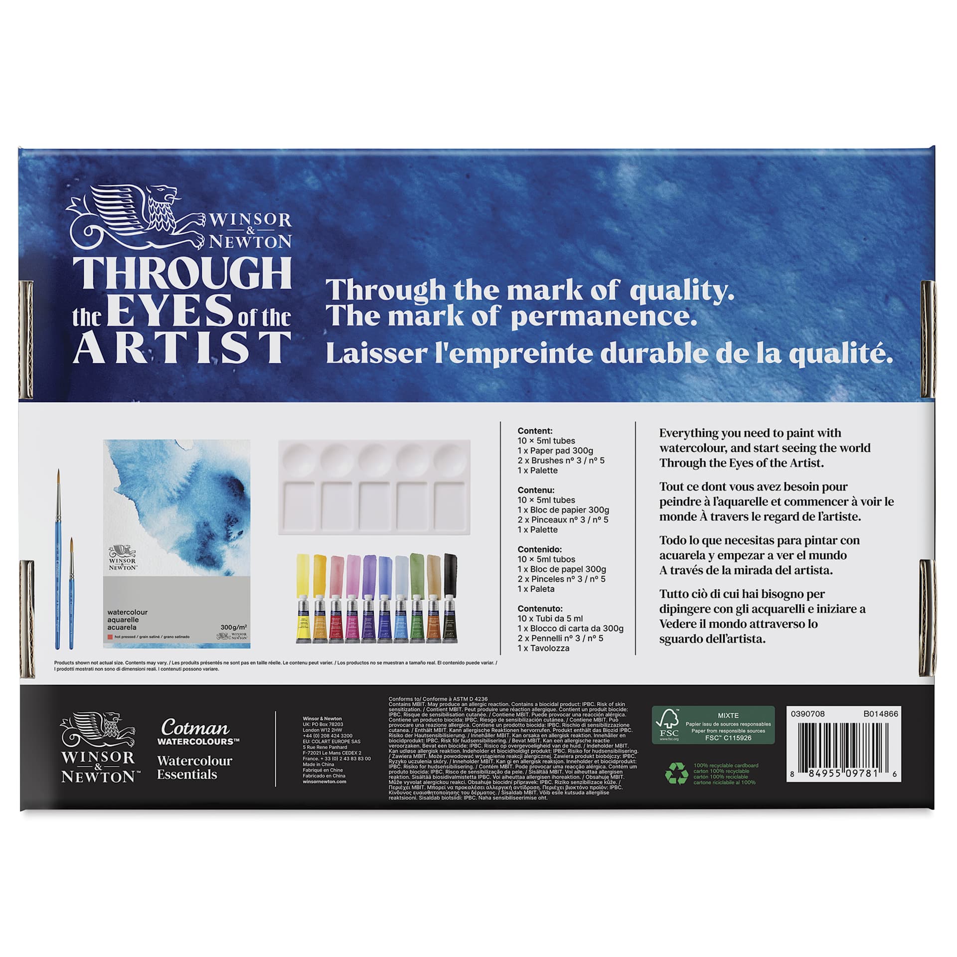 Winsor & Newton Cotman Watercolor Paint Tubes - Essentials, Set of 14 back of package