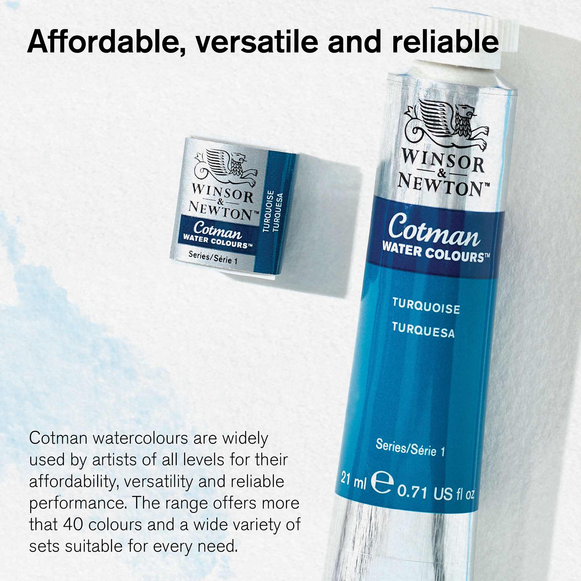 Winsor & Newton Cotman Watercolor Paint Tubes are affordable, versatile, and reliable. Affordable, versatile, and reliable. Cotman watercolors are widely used by artists of all levels for their affordability, versatility, and reliable performance. The range offers more that 40 colors and a wide variety of sets for every need.