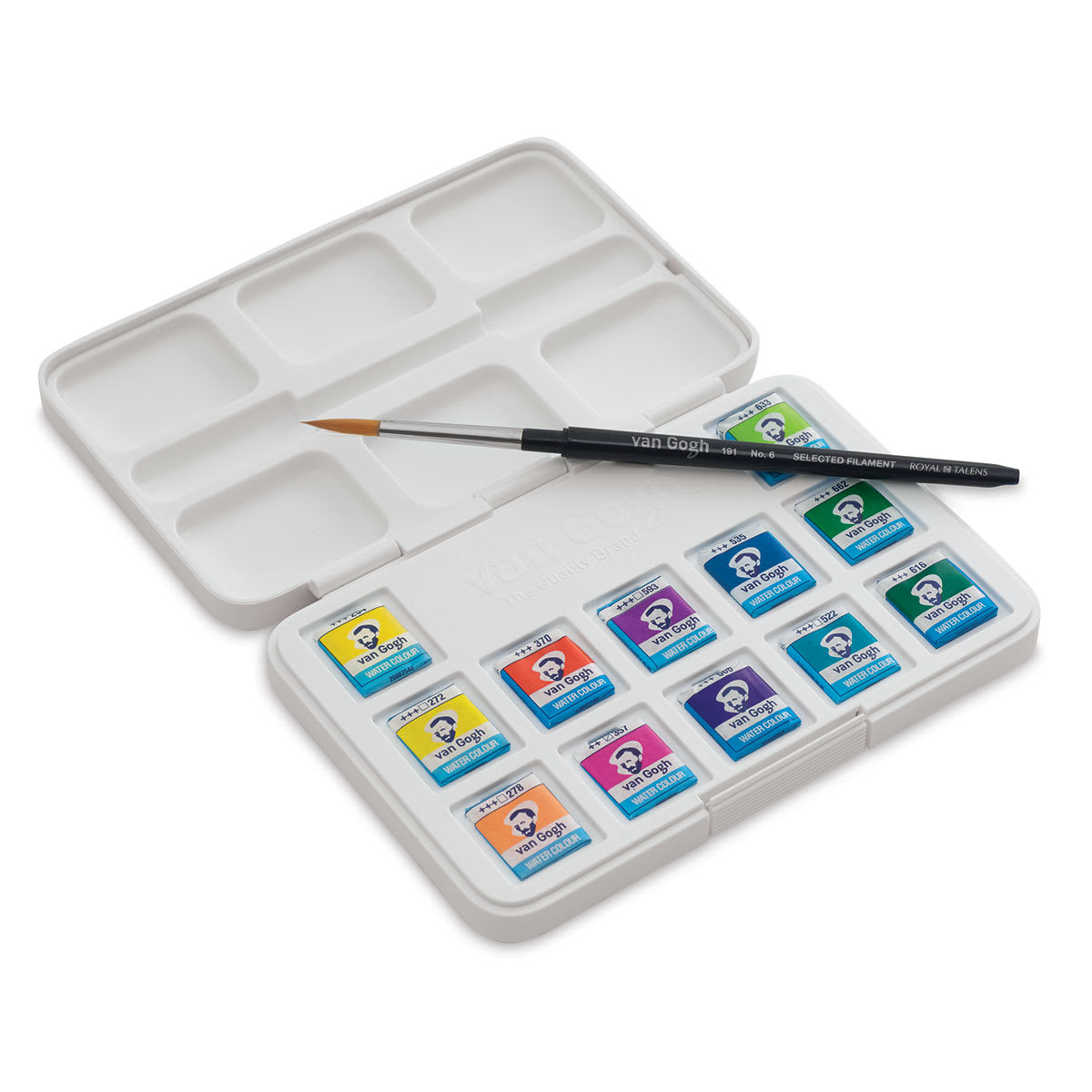 Van Gogh Watercolors Set - Vibrant Colors Set of 12 Pans, inside package view
