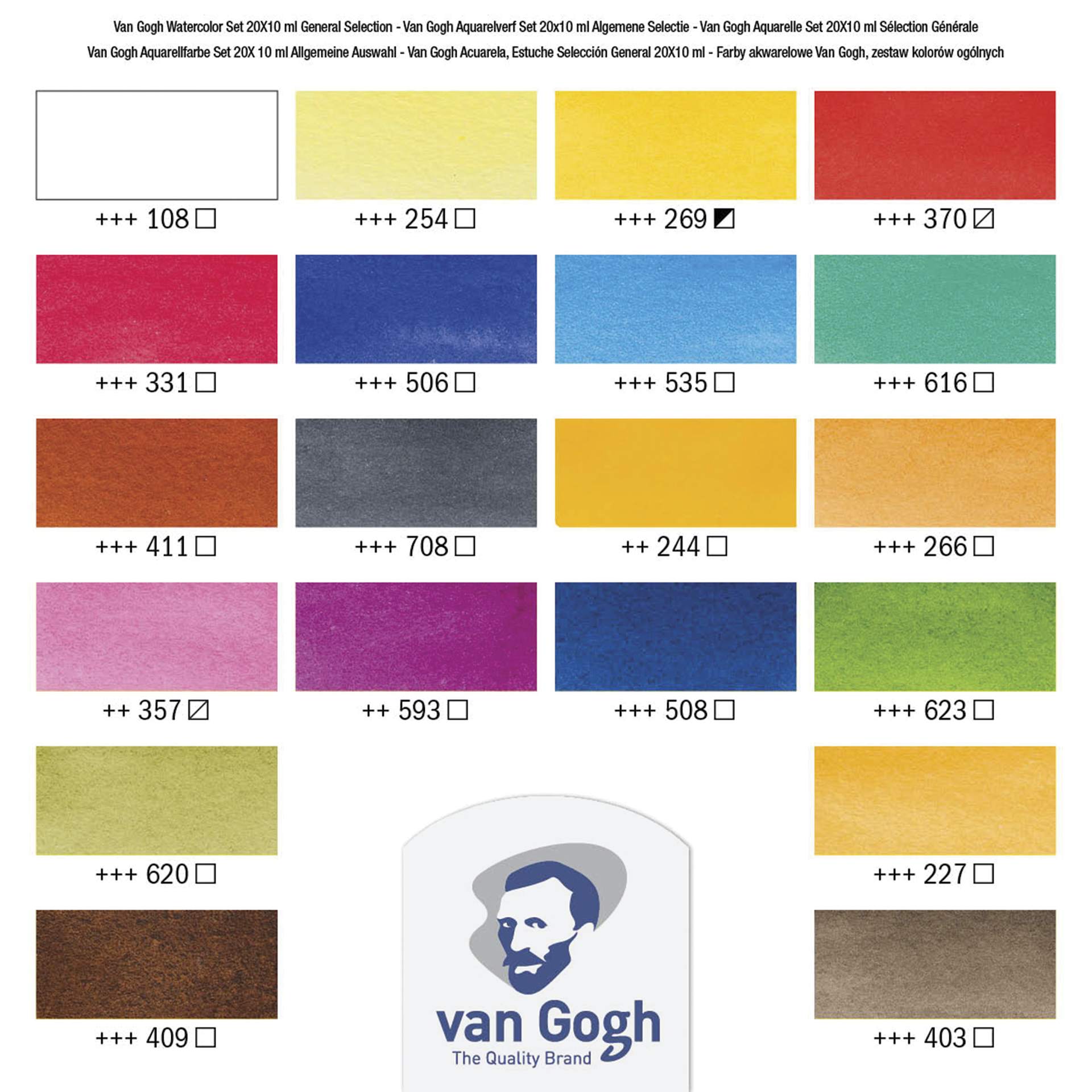 Van Gogh Watercolors Set - Set of 20, Assorted Colors, 10 ml tubes, swatches
