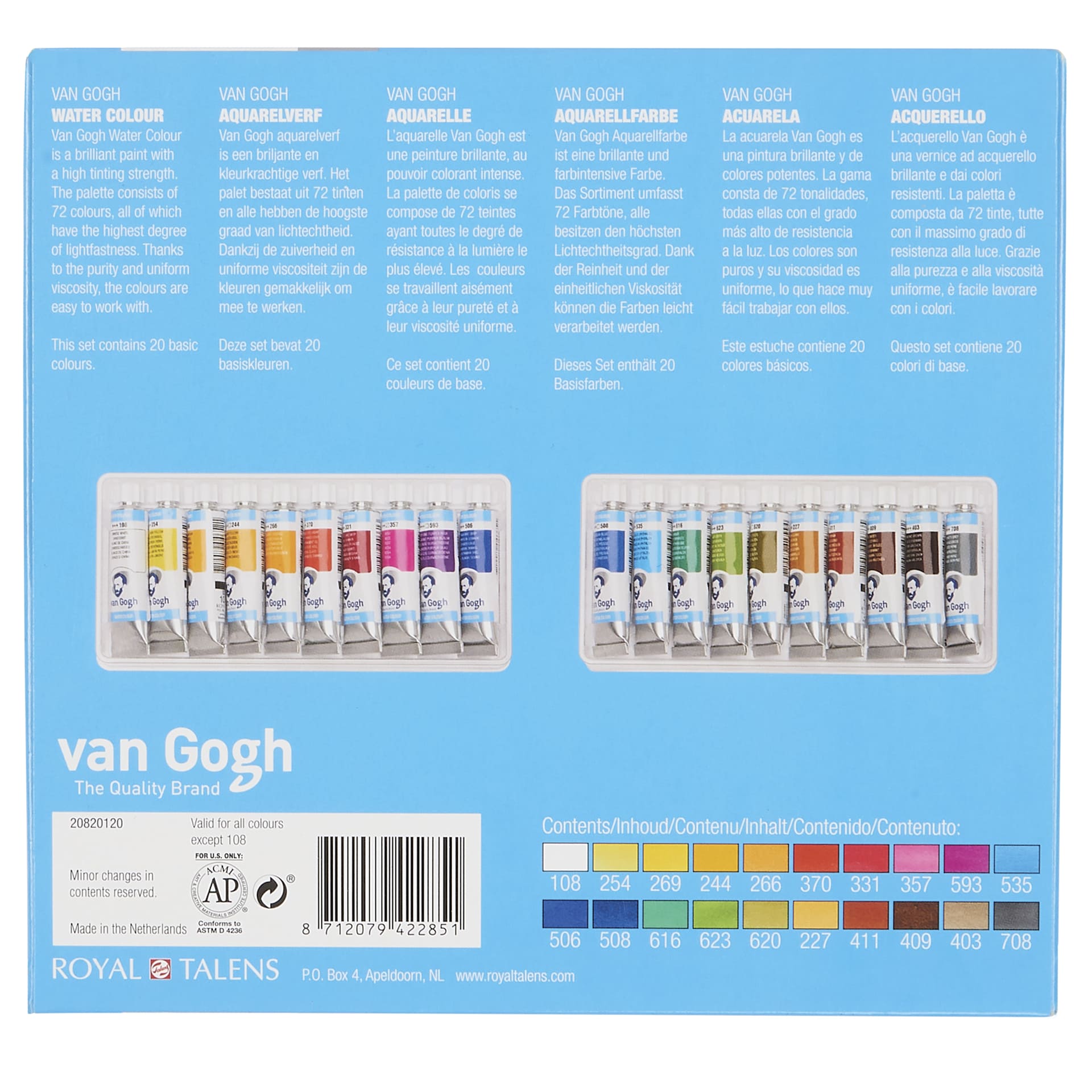 Van Gogh Watercolors Set - Set of 20, Assorted Colors, 10 ml tubes, back of packaging