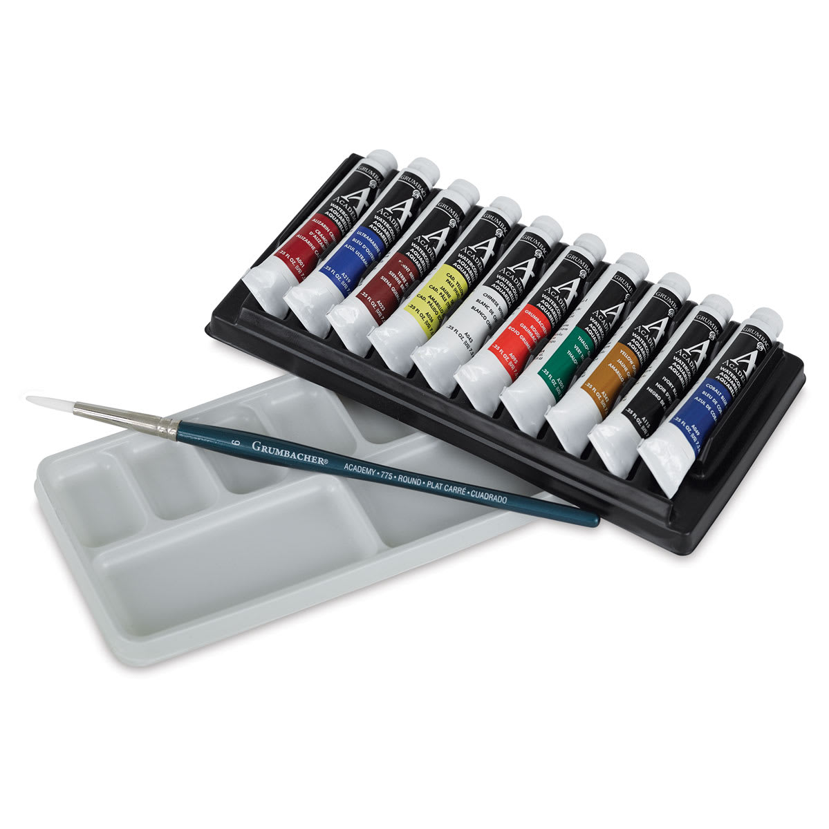 Grumbacher Academy Watercolor Tubes and Sets, set of 10, Side view with palette and brush Grumbacher Academy Watercolor Tubes and Sets, set of 10, Side view with palette and brush