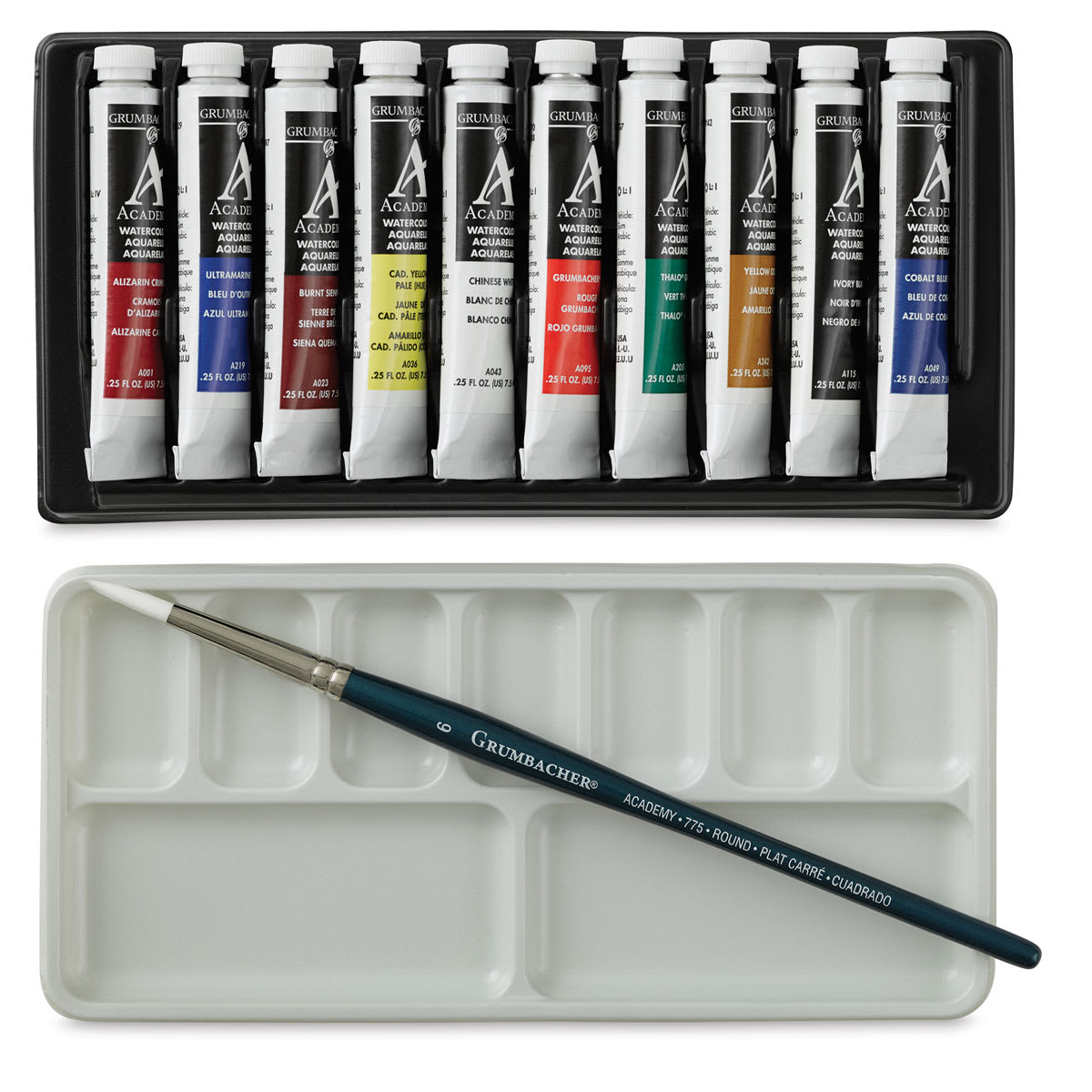 Grumbacher Academy Watercolor Tubes and Sets, set of 10, Front view with palette and brush Grumbacher Academy Watercolor Tubes and Sets, set of 10, Front view with palette and brush