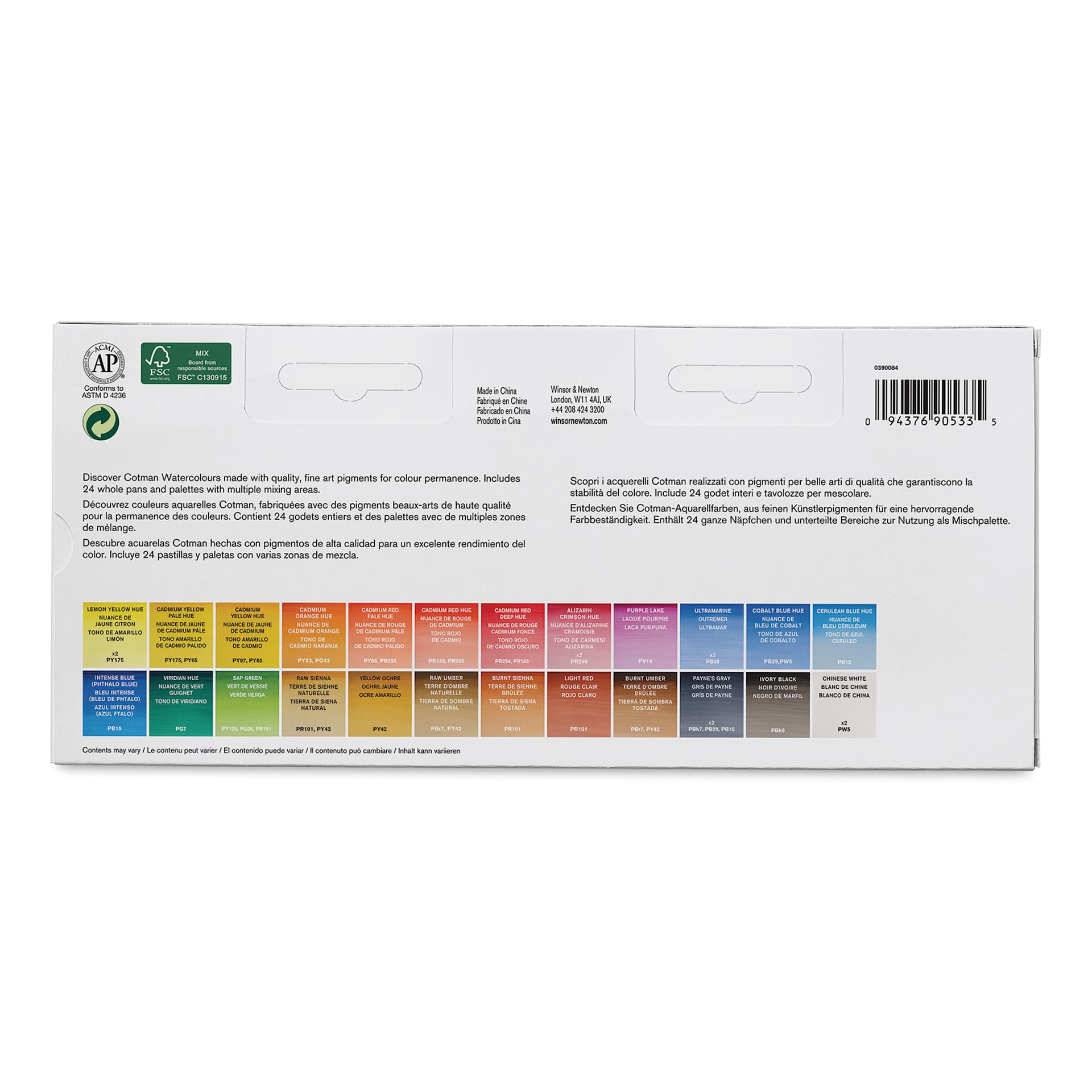 Winsor & Newton Cotman Watercolor- Studio Set, Set of 24, Assorted Colors, Full Pans (Back of packaging)