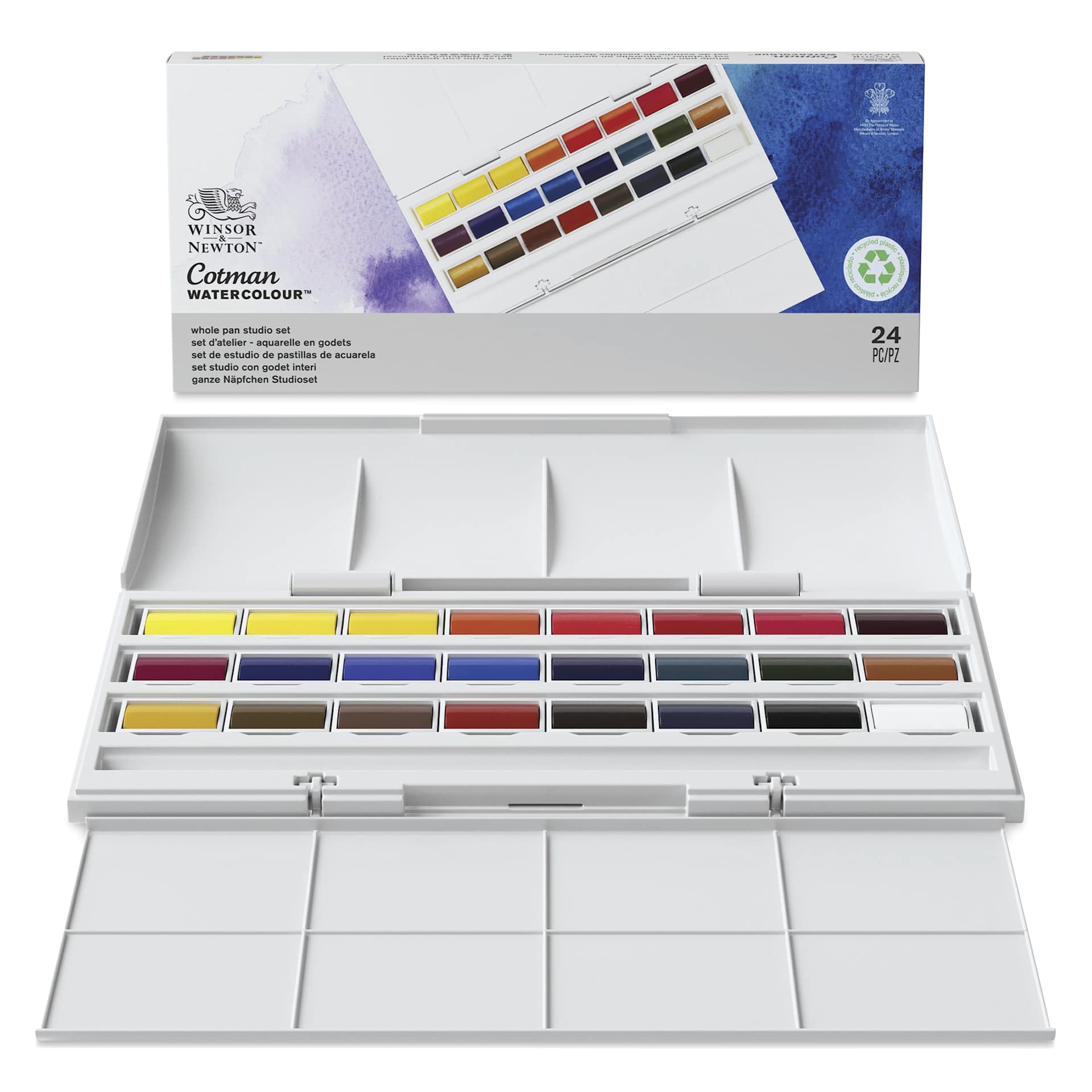 Winsor & Newton Cotman Watercolors- Studio Set of 24, Assorted Colors, Full Pans, open with packaging