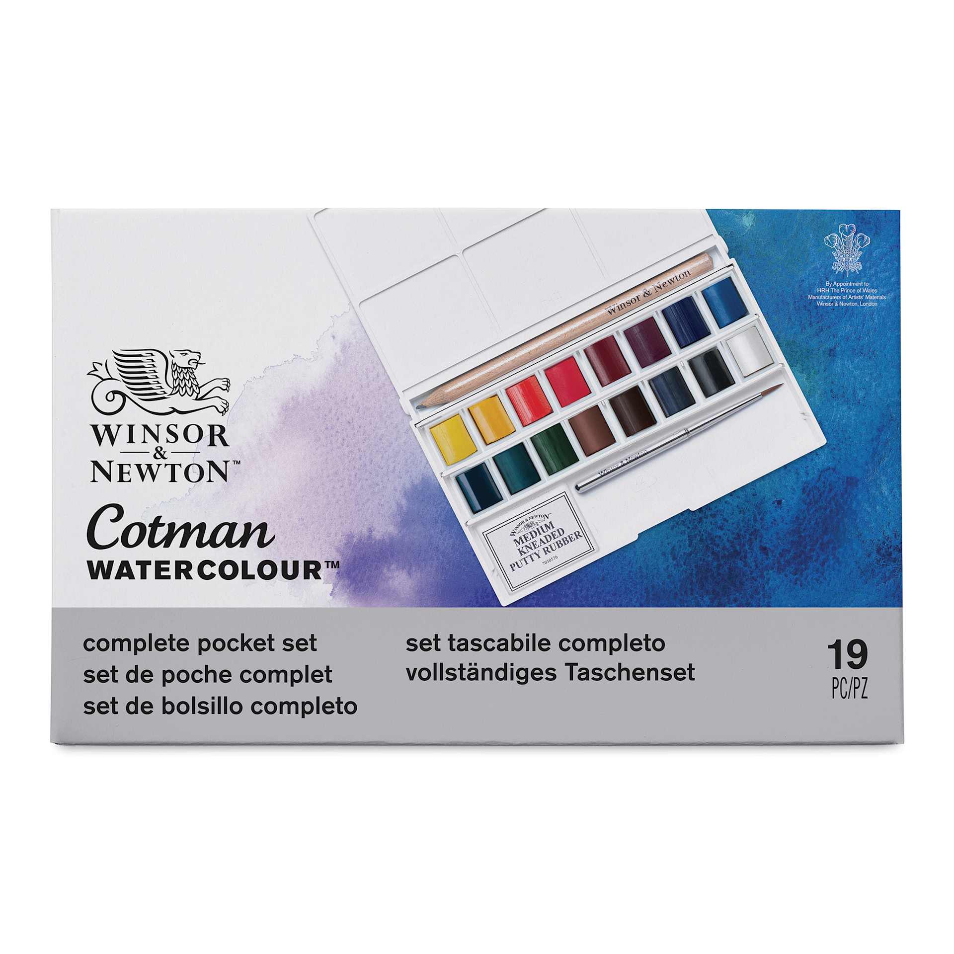 Winsor & Newton Cotman Watercolor - Complete Pocket Set, Set of 16, Assorted Colors, Half Pans (Front of packaging)