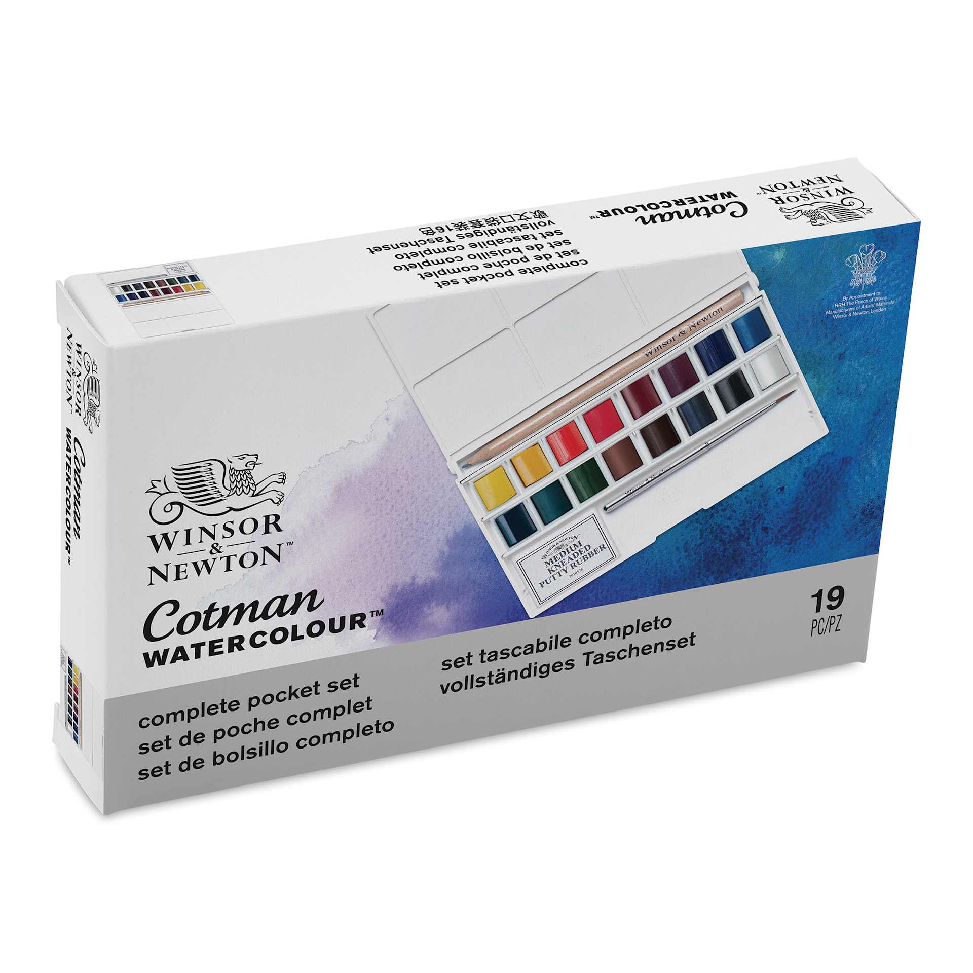 Winsor & Newton Cotman Watercolor - Complete Pocket Set, Set of 16, Assorted Colors, Half Pans (Front of packaging, Angled view)