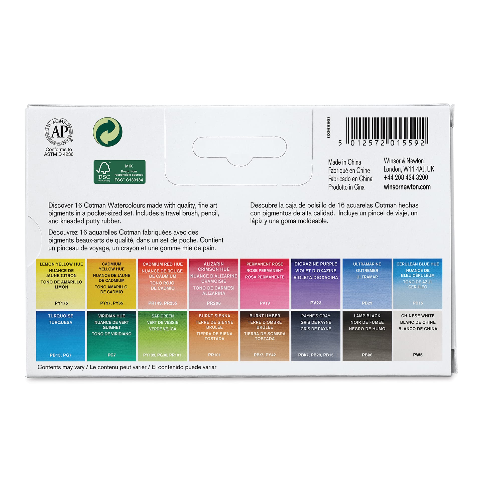 Winsor & Newton Cotman Watercolor - Complete Pocket Set, Set of 16, Assorted Colors, Half Pans (Back of packaging)