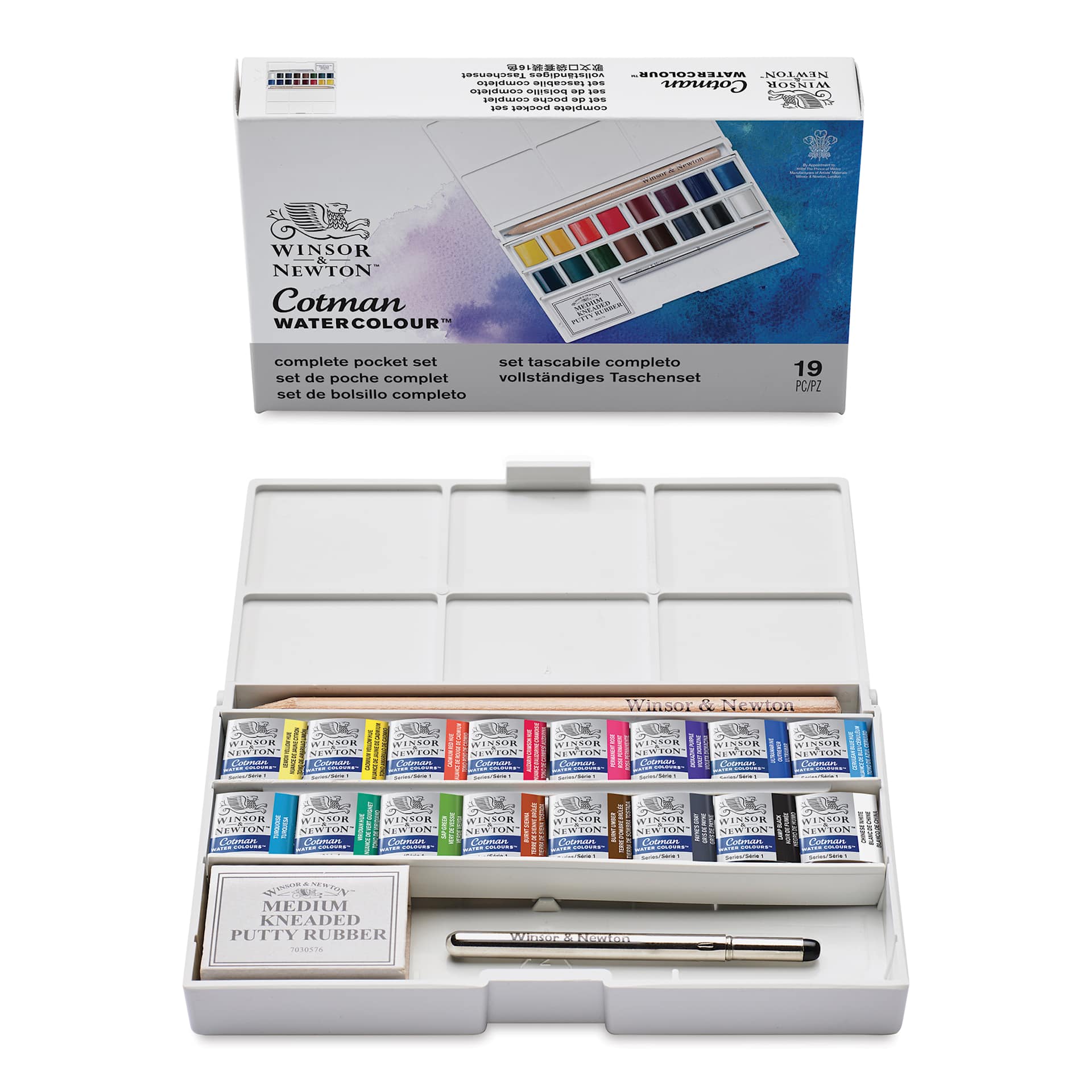 Winsor & Newton Cotman Watercolor - Complete Pocket Set, Set of 16, Assorted Colors, Half Pans (Front of packaging shown with open set)