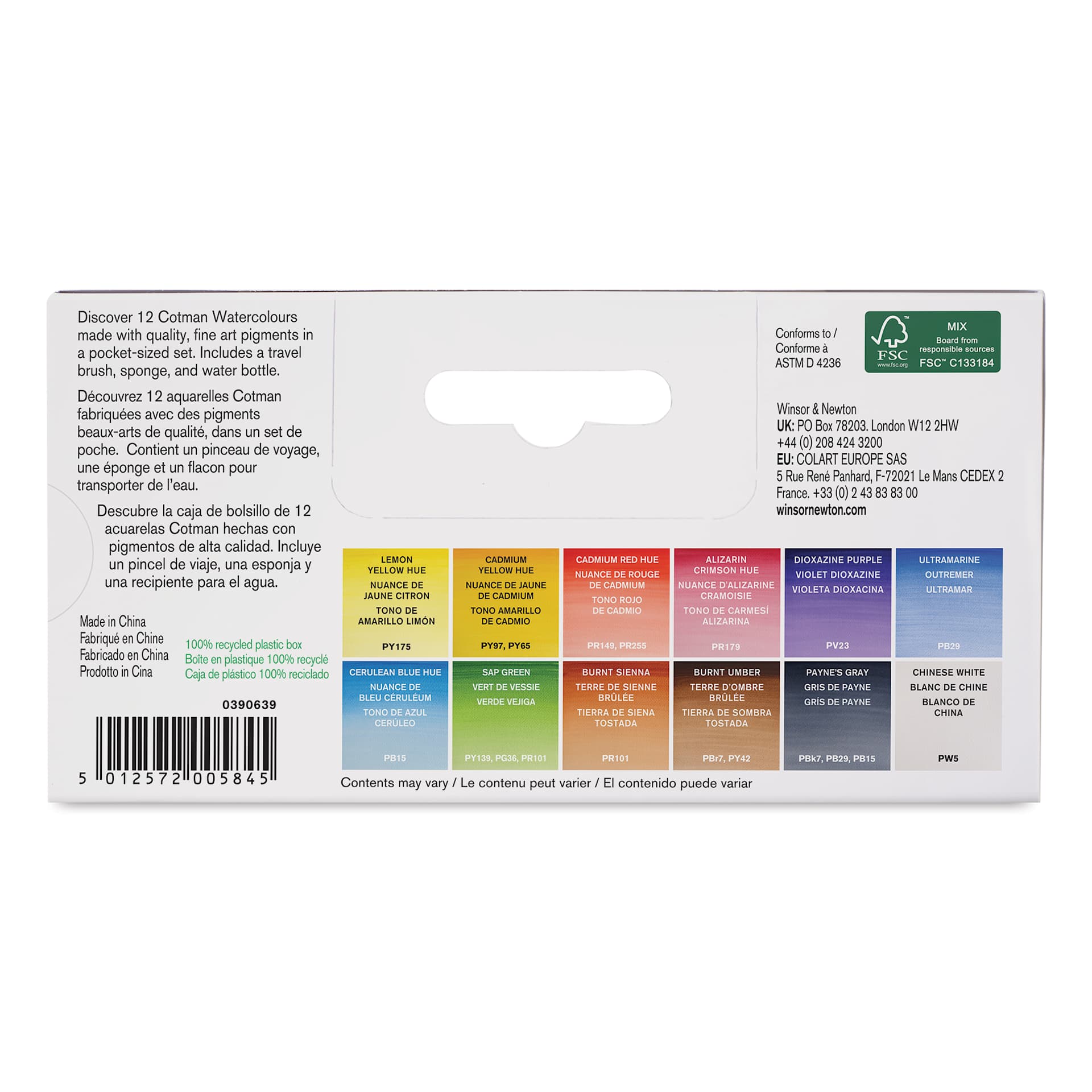 Winsor & Newton Cotman Watercolor - Field Pocket Set, Set of 12 back of package