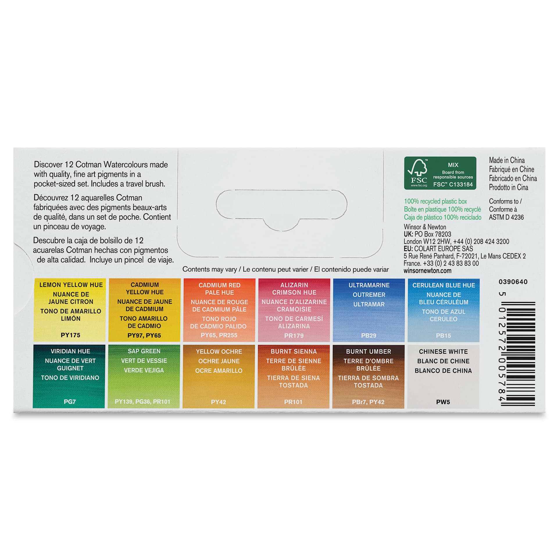 Winsor & Newton Cotman - Sketcher’s Pocket Set, Set of 12, Assorted Colors, Half Pans back of package