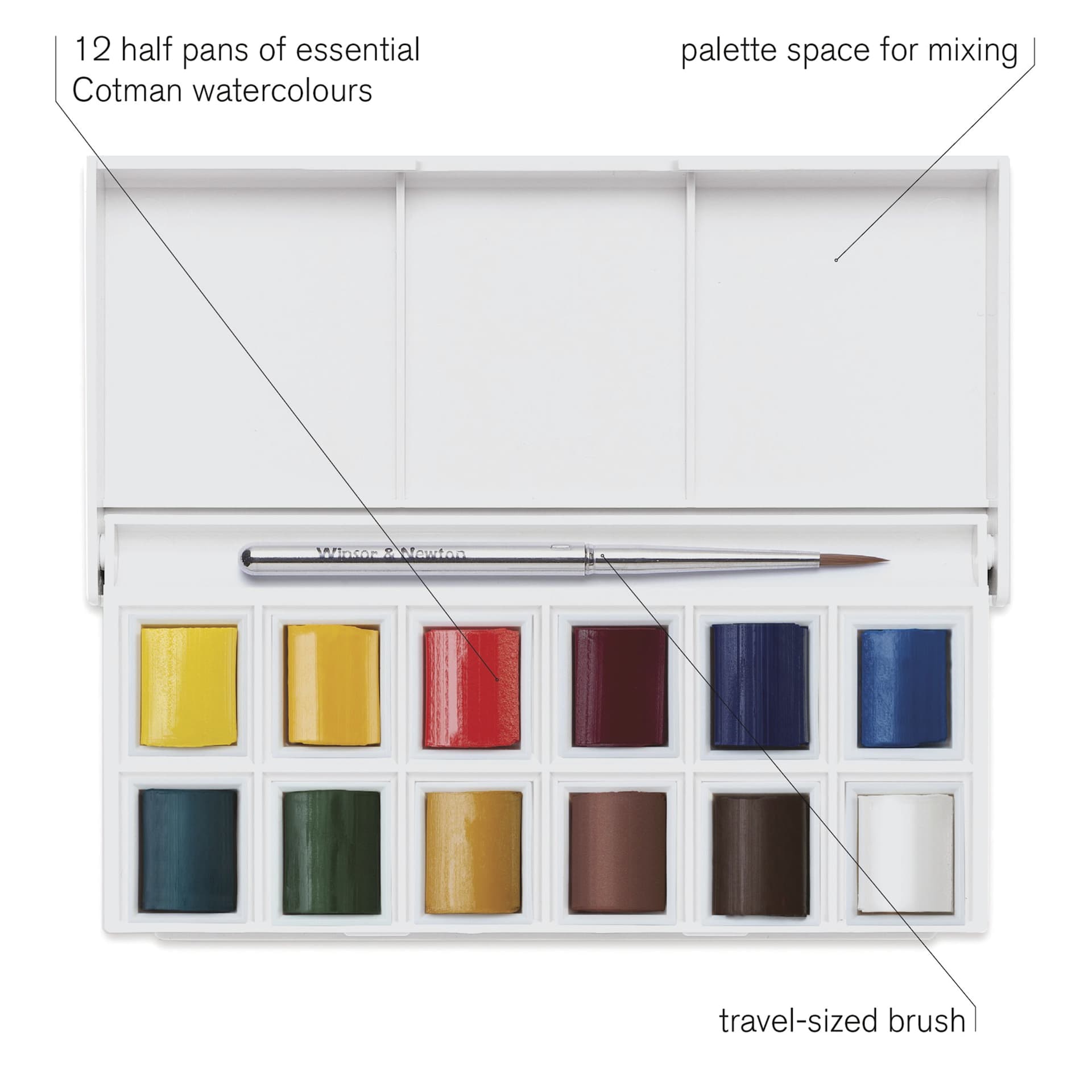 Winsor & Newton Cotman Watercolors - Sketcher's Pocket Set of 12, Assorted Colors, Half Pans, features
