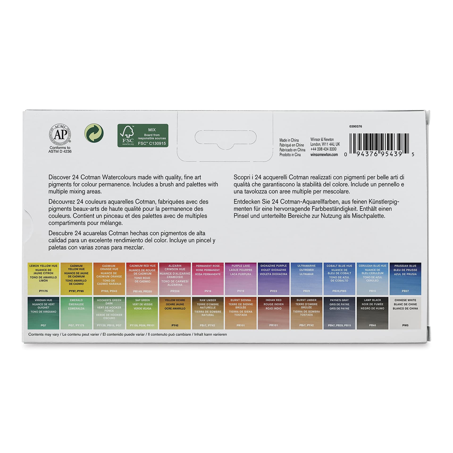 Winsor & Newton Cotman Watercolor Set - Travel Set, Set of 24, Assorted Colors, Half Pans (Back of packaging)