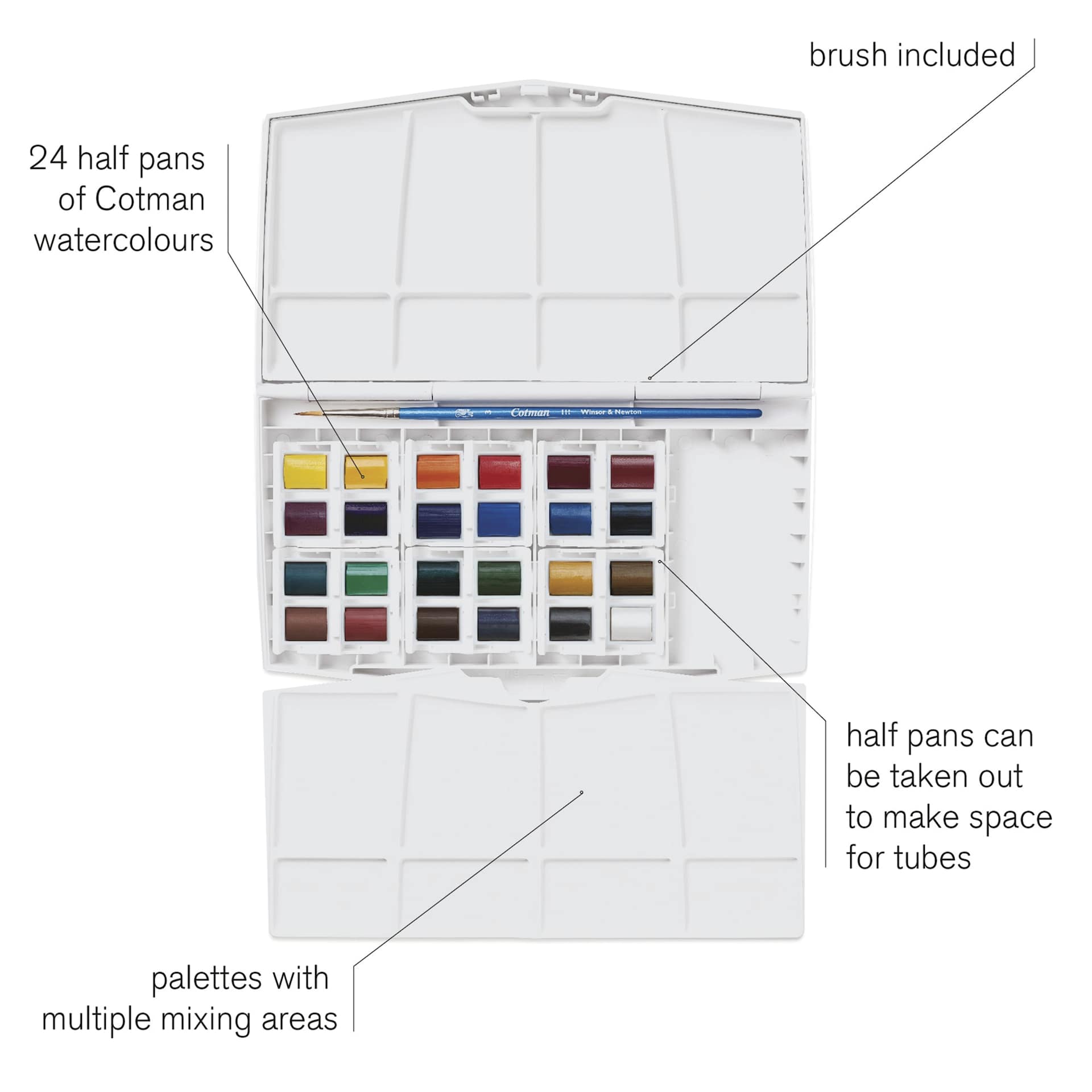 Winsor & Newton Cotman Watercolors - Travel Set of 24, Assorted Colors, Half Pans, features